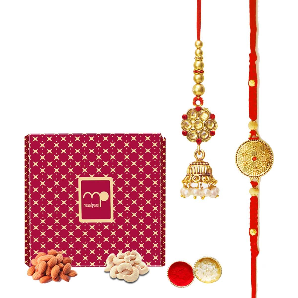 Maalpani Rakhi Dry Fruit Gift Pack | Bhaiya Bhabhi Rakhi And Lumba With Cashew - Kaju, Almond - Badam Gift Hamper |43BB-R19D-image-44