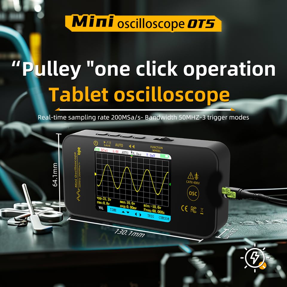 MAXRIENY OT5 Handheld Oscilloscope showing dimensions and 'pulley' operation