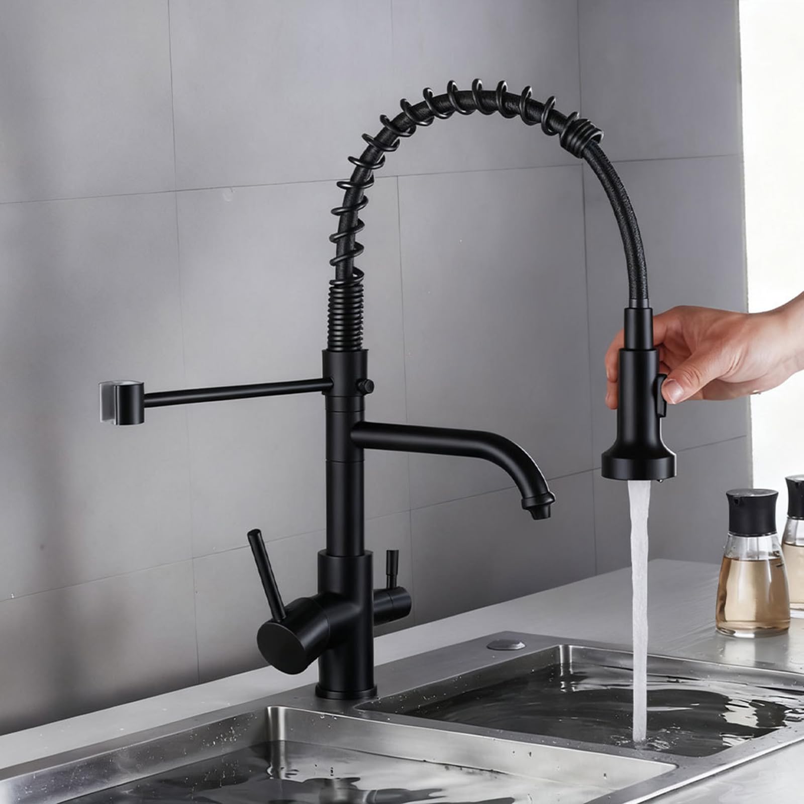 Kitchen Tap Flexible 3 Way Swivel Mixer with 2 Water Outlets and Handles, Brass-Chrome Plated