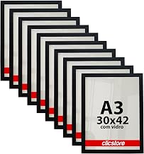 Kit 10 Molduras A3 30x42Cm Com Vidro e Fundo Para Quadros Cor da armação:Preto
