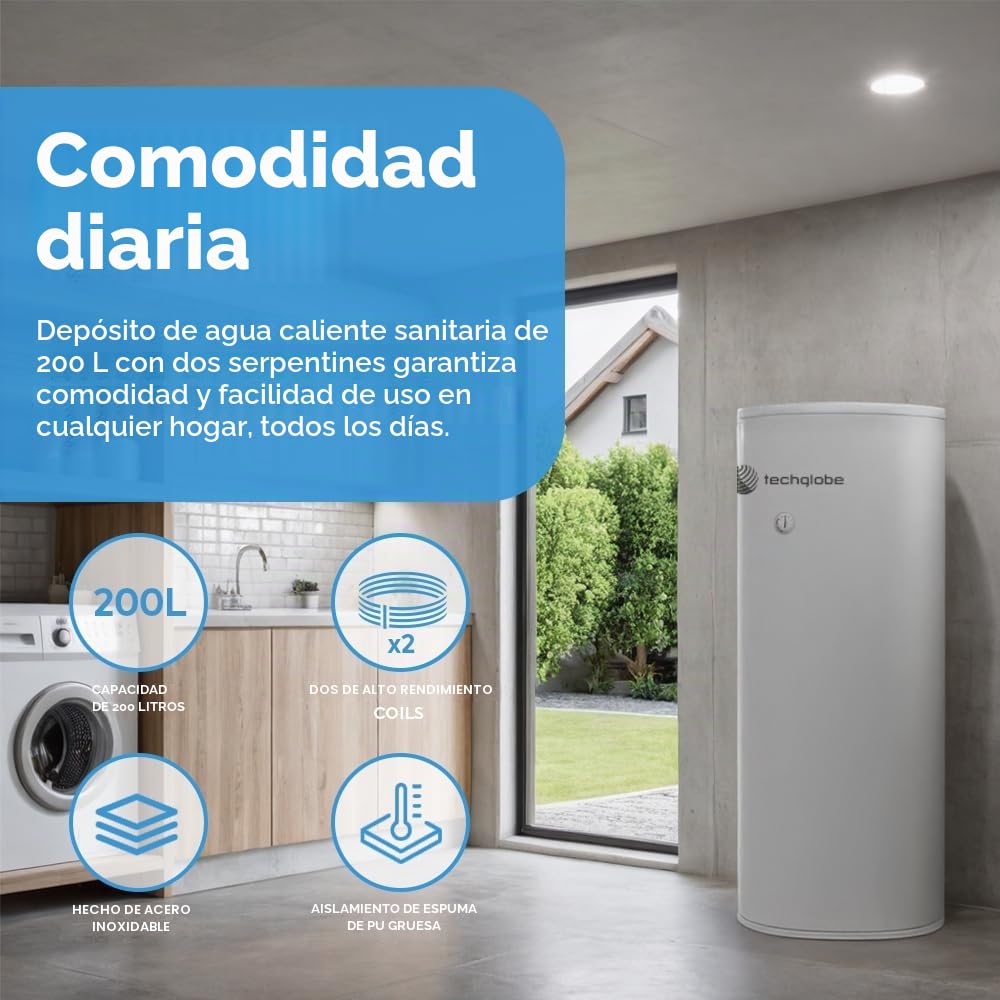 TECHGLOBE - Acumulador de agua caliente - 2 intercambiadores de calor (1,8 + 2,4 m²) - acer inoxidable - bajo consumo energético - aislamiento de 50 mm - Termo vertical (200 L)