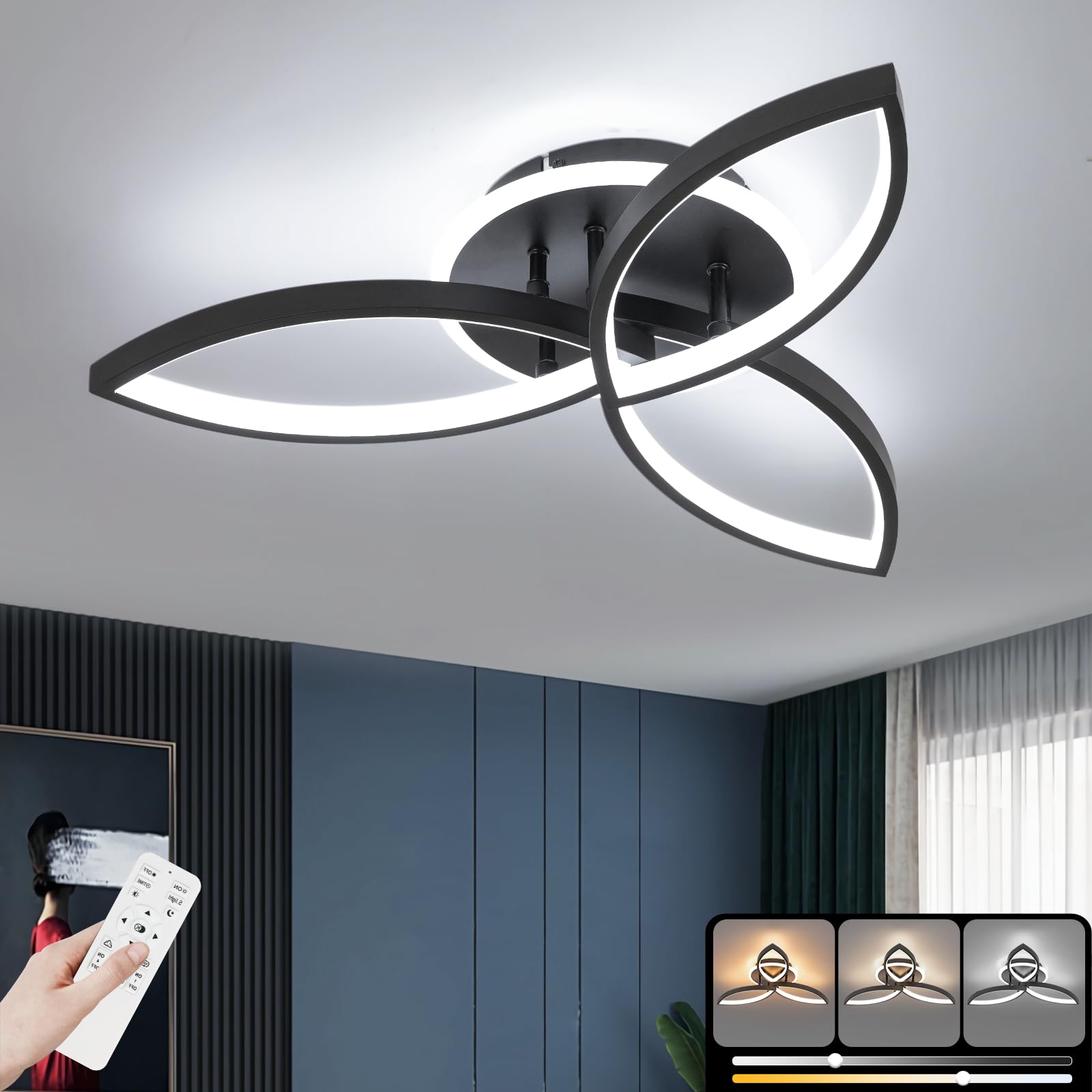 Vloitgol Modern Ceiling Light LED, 50cm Black Dimmable Ceiling Lights Fixtures LED with Remote Control, Clover Design Living Room Lamp for Dining Room Bedroom Office Kitchen LivingRoom Light - 48W