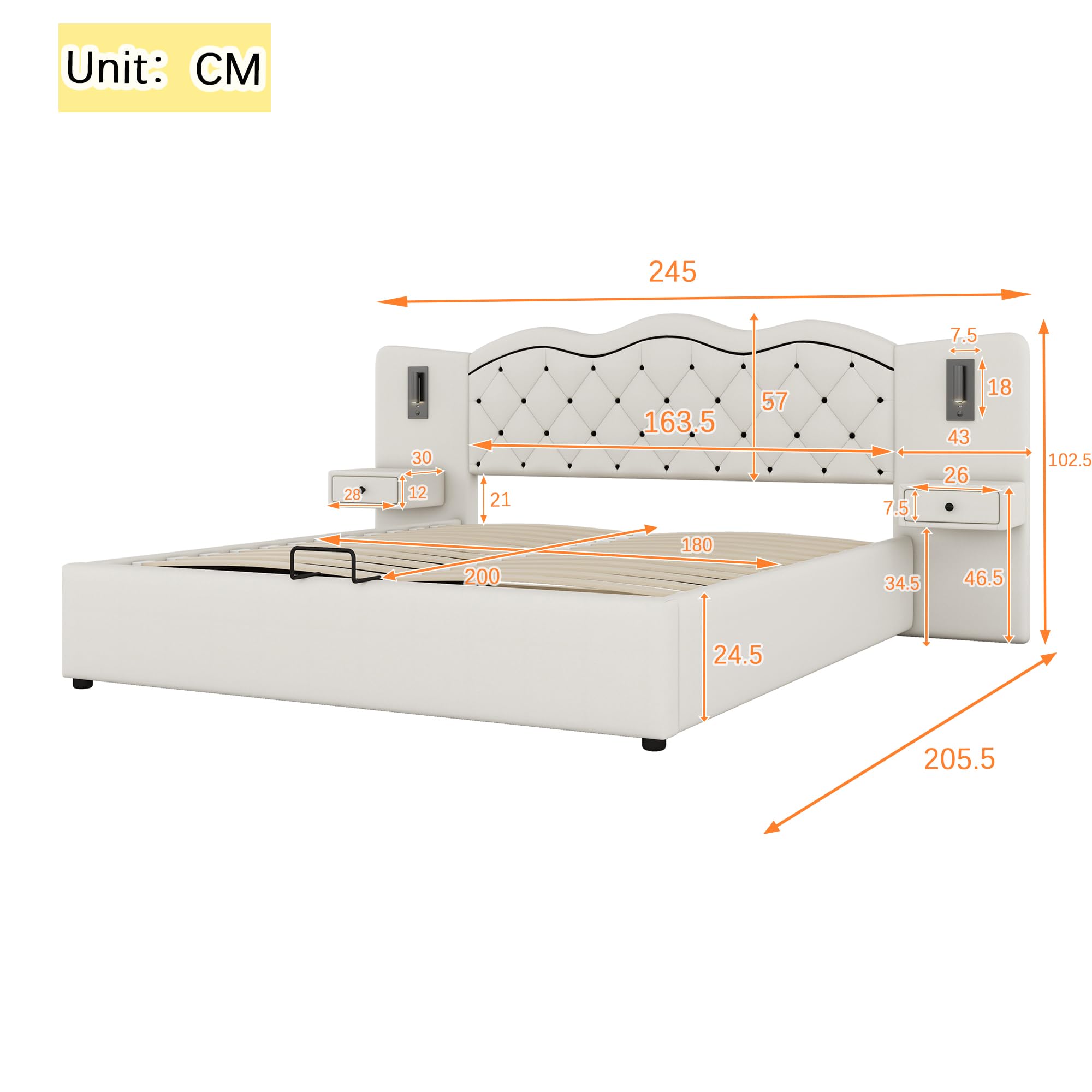 Rtopsu Letto Imbottito Matrimoniale 180x200 cm con USB e 2 Lampade da Comodino, Struttura del Letto Idraulico con Contenitore e Rete a Doghe, Testata con 2 Cassetti, Lino, Beige, Senza Materasso