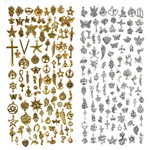TIMESETL 200Pcs Colgantes de Dijes Metal Exquisitos Accesorios de Colgantes de Joyería Antigua, Accesorios de Pulsera de Bricolaje, Dijes de Creación de Bricolaje, 5-32 mm, Plata y Oro