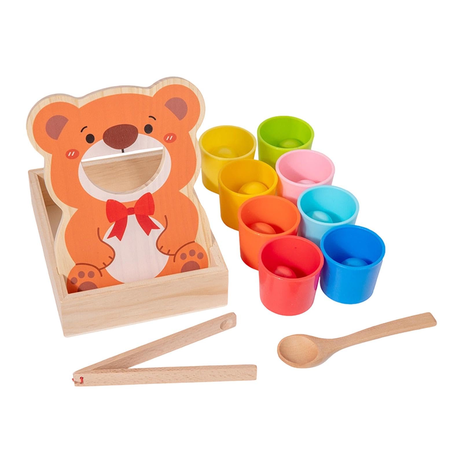 Regenbogen Bälle in Bechern Spielzeug Aus Holz mit Fütterungsspiel Bär Und Besteck für Kleinkinder Vorschulkinder Zur Förderung von Farberkennung Und, mit 8 Kugeln