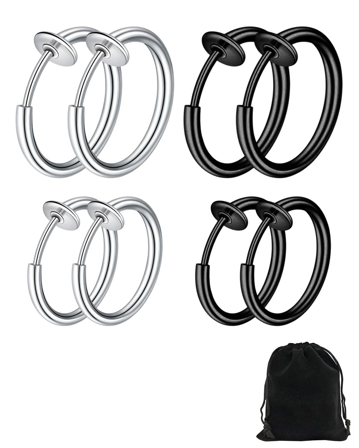 Set di 4 paia orecchini finti senza buco in acciaio inossidabile, Orecchini clip, cerchio, anello ear cuff, per creare un look moderno e senza piercing, Con borsa portaoggetti, Argento/Nero