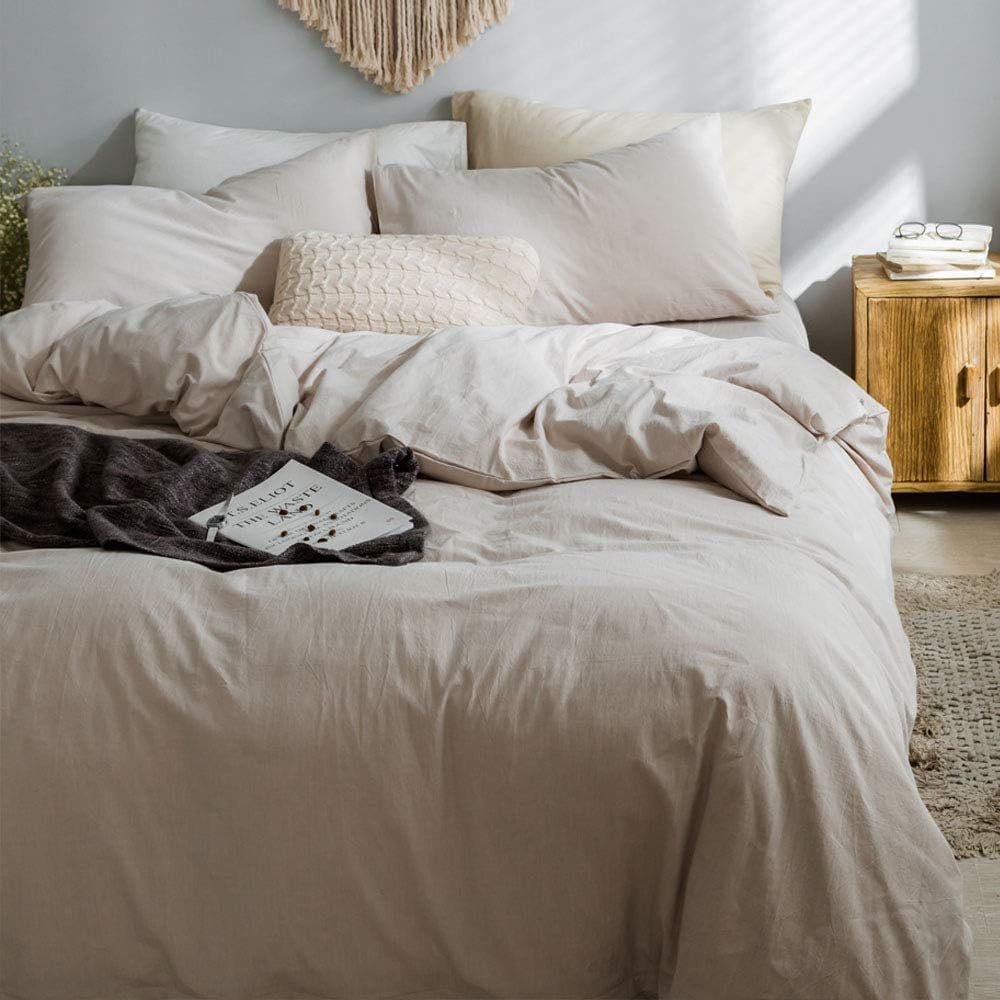 Beige Duvet Cover King, 100% Natural 3 Pieces Washed Cotton Beige Bedding Set, Solid Color Casual Style Duvet Cover, with Zipper Closure Ties, Ultra Soft Comfy Natural Wrinkled (Beige, King) Beige King