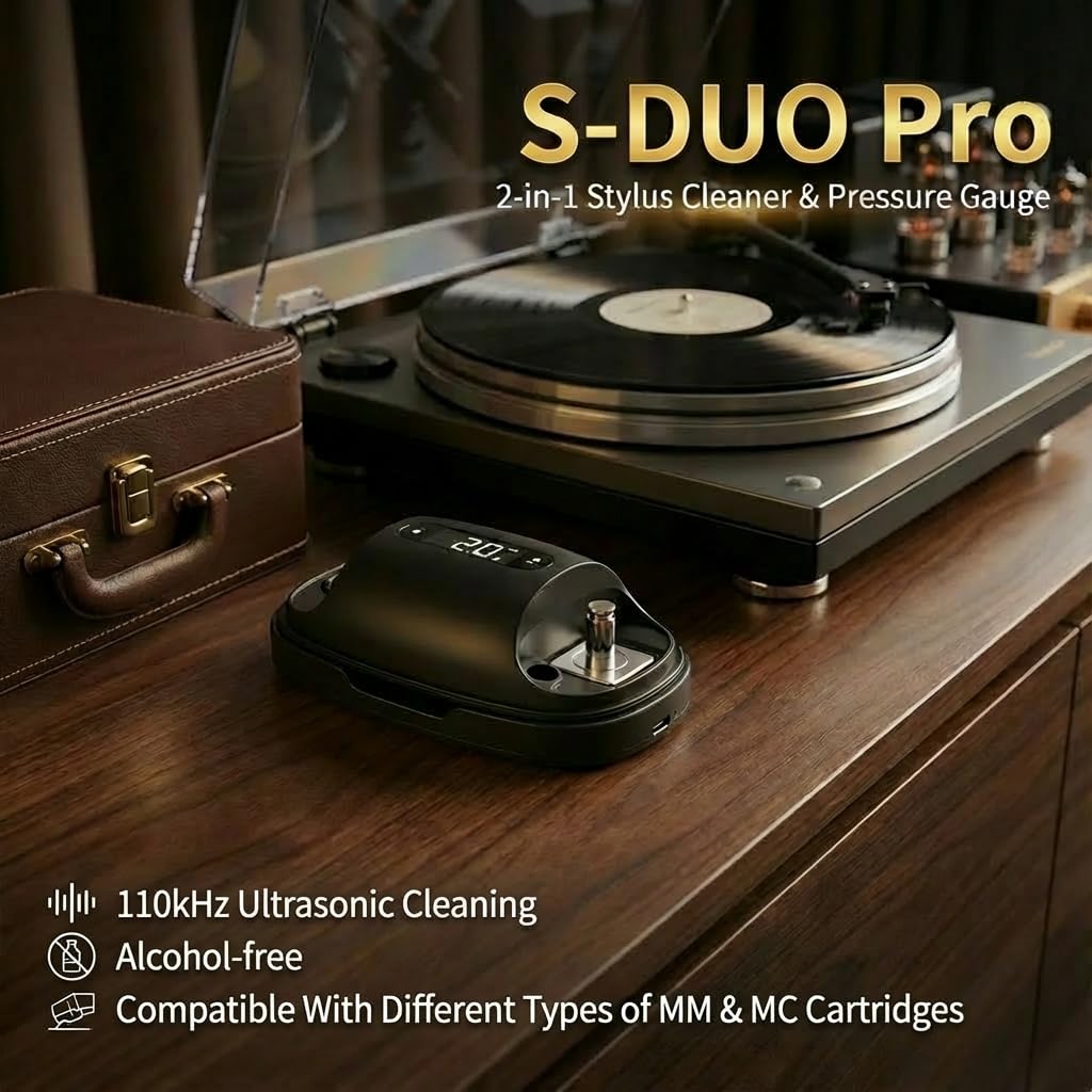 HumminGuru S-DUO Pulitore ad ultrasuoni per aghi per dischi + misuratore di pressione dello stilo (2-in-1) Bilancia digitale per la forza dello stilo per cartucce MM MC (Nero: S-DUO Pro)