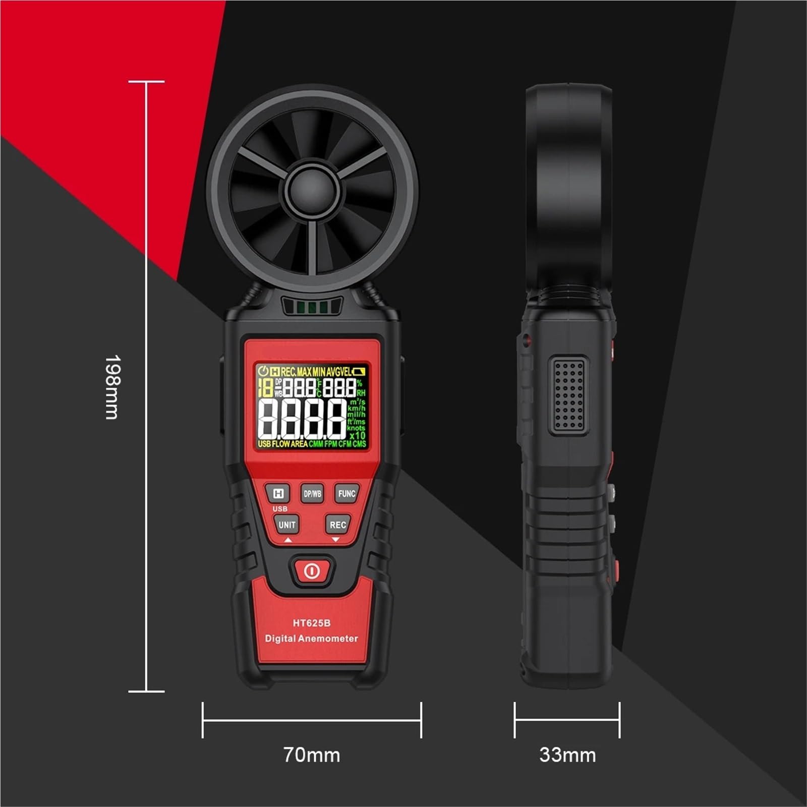 Anemómetro Portátil, Anemómetro digital portátil de mano, medidor de velocidad del viento, anemómetro con pantalla LCD retroiluminada, medidor de temperatura y humedad.(HT625A)