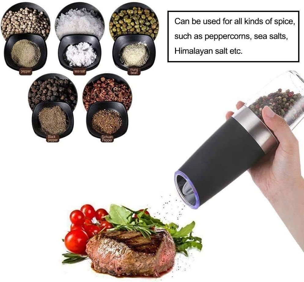 Electric Salt and Pepper Grinder Set - Automatic Adjustable Shakers - Battery Operated Kitchen Peppermills Blue Light