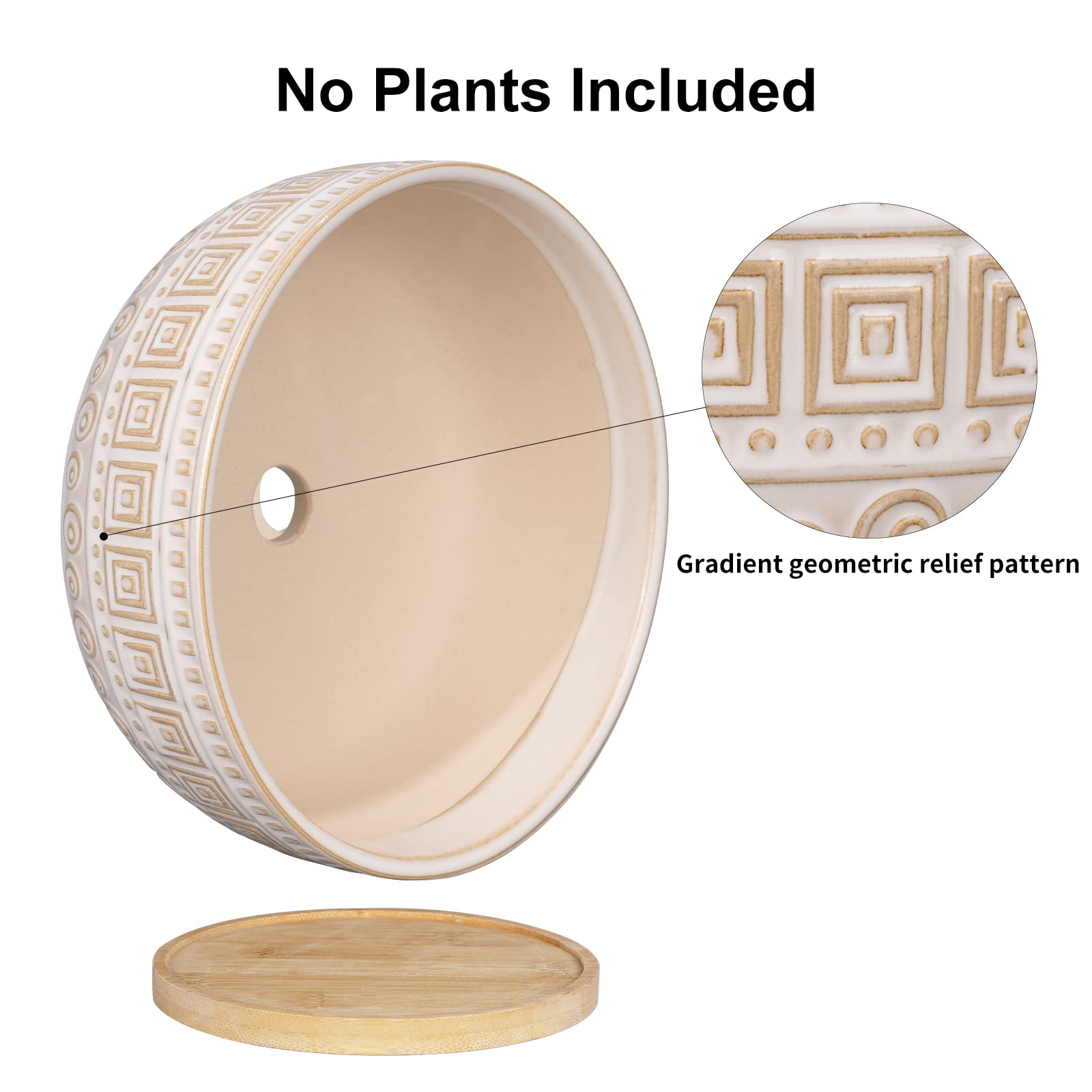 G EPGardening 20.5CM Ceramic Succulent Planter Pots Round Shallow Bonsai Planter Pot for Indoor Plants with Drainage and Bamboo Saucer White - Image 3
