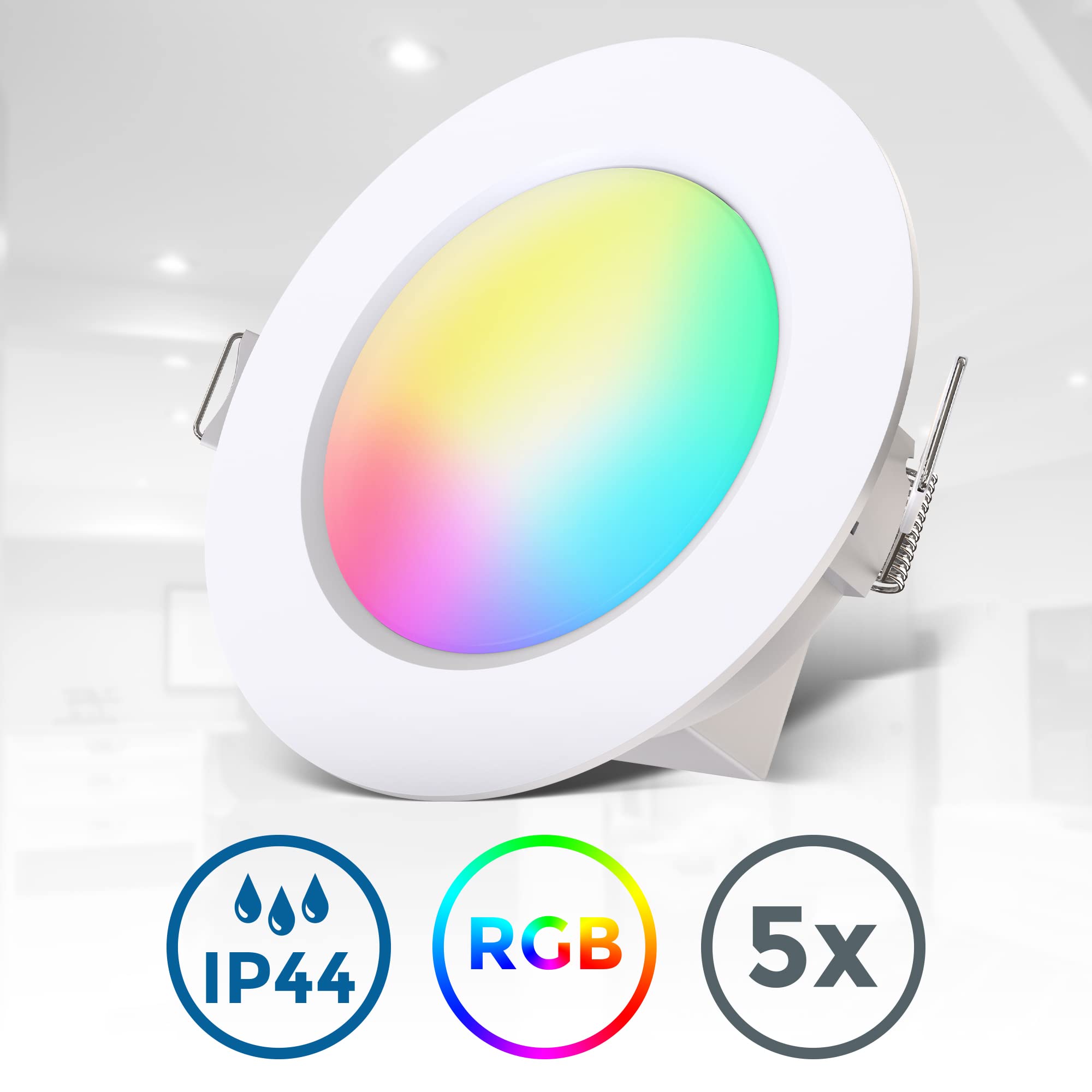 B.K.Licht I 5er Set RGBW Luces empotradas en el baño LED I Foco empotrado en el baño de color I Mando a distancia I Taladro de Ø70 mm I Regulable I 92x45 (DxH) I Blanco