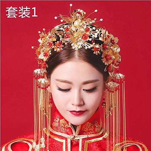 Chinese Wedding Costume Headdress Bride Cheongsam Xiapei Golden Tassels Crown Tiara Women Girls Hair Accessories Princess Birthday Bridal Girl Tiaras Pageant Headband Diamond Headpiece