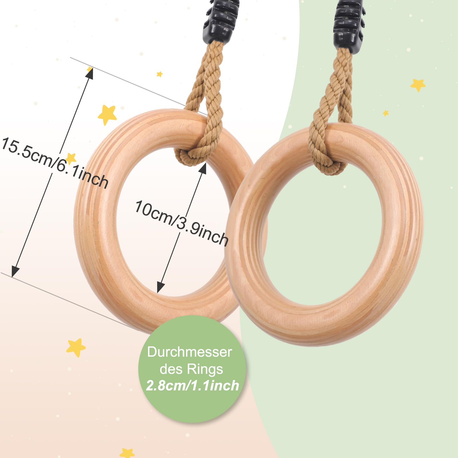 Holz Turnringe,Trapez schaukel,Schaukelringe mit Einstellbarer Hanfseil,Gymnastikringe für Kinder Indoor und Outdoor