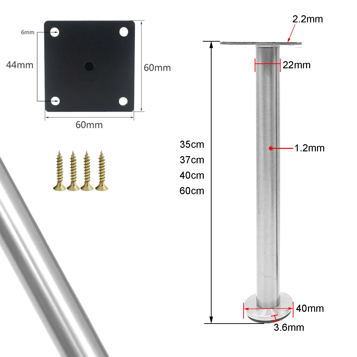 4 Pcs Patas para Muebles Altura Regulables,Pies Ajustables para Mesas Acero Inoxidable,Patas de Soporte para Sofás Armario Silla Escritorio Gabinete,Con Tornillos (40cm,Plata)
