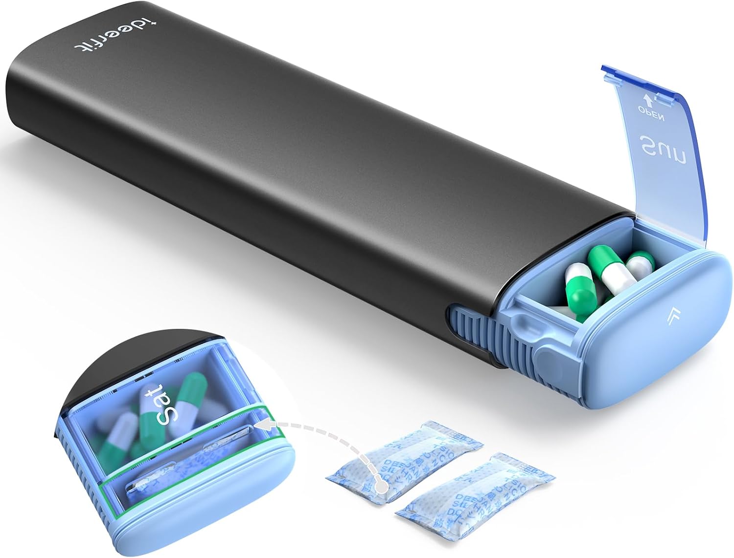 Weekly Travel Pill Organizer,Ideerfit Small Pill Box 7 Day,Portable Pill case,Daily Medicine Box,Drawer Design Pill Container for Medication, Vitamins, Fish Oils, Supplements,Black A2-black