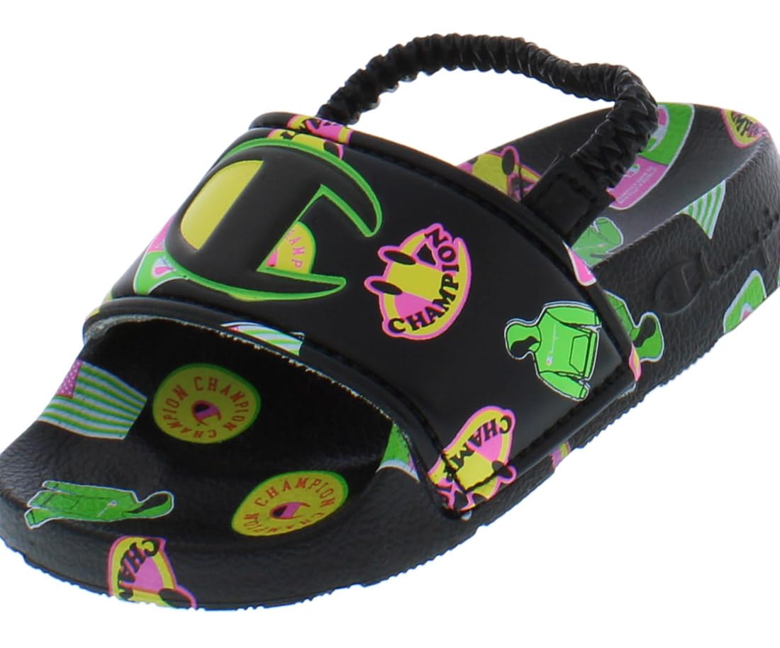 Champion Ipo Catch Print Slide Infant/Toddler Shoes Size 4, Color: Crow Black/Green/Yellow-Core Black