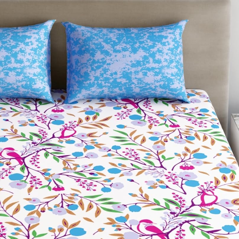 Image of Dreamscape 100% Cotton Fitted Bedsheet for King Bed, 186 TC, 1 Fitted Bed Sheet (Size 72 x 78 inches) with 2 Pillow Covers - Blue