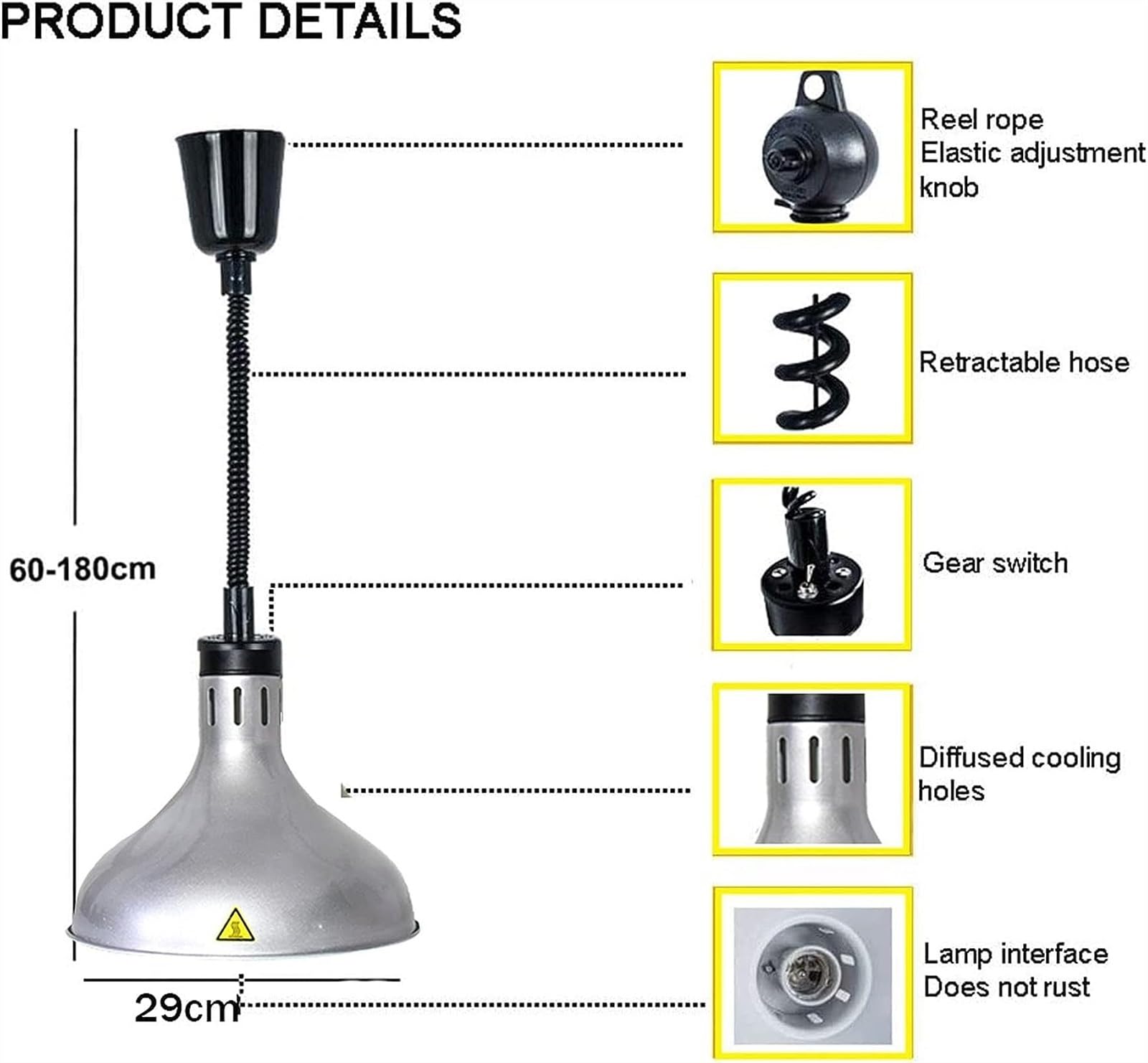 Lampada riscaldante per alimenti, lampada riscaldante per alimenti, lampada riscaldante a infrarossi per alimenti, lampada riscaldante retrattile per ristoranti, lampada riscaldante per alim