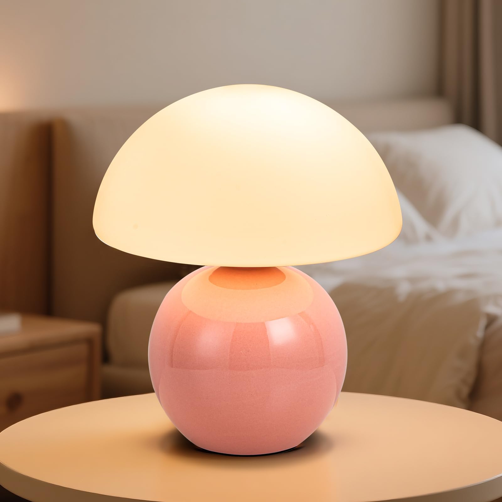Mushroom Table Lamp Ceramic Base with Milky White Glass Shade Vintage Dimmable Bedside Nightstand Lamp for Bedroom Reading
