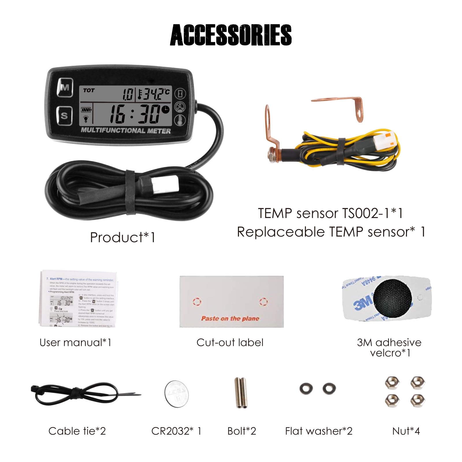 Medidor de temperatura del motor, medidor de horas digital, diseño impermeable, baterías reemplazables, diseñado para cortacésped, automóviles y cuatrimotos (TS002)