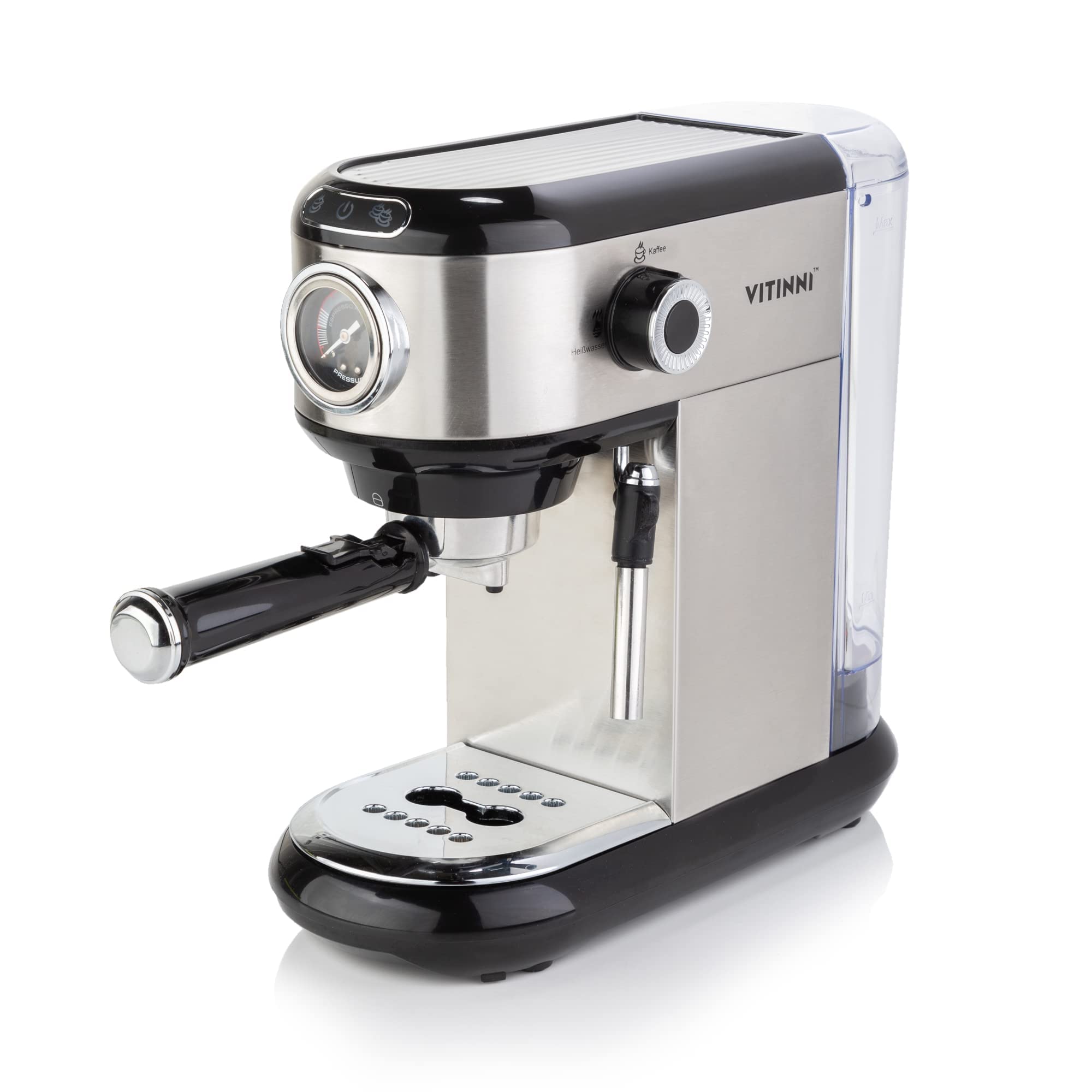 Vitinni Espressomaschine, Professionellem Milchaufschäumer, 15-bar-Druckpumpe, Milchschaumdüse, 1450 W, inkl. Barista-Kit, Tassenwärmeregal, 1 l Wassertank, Für Gemahlenen Kaffee, Silber