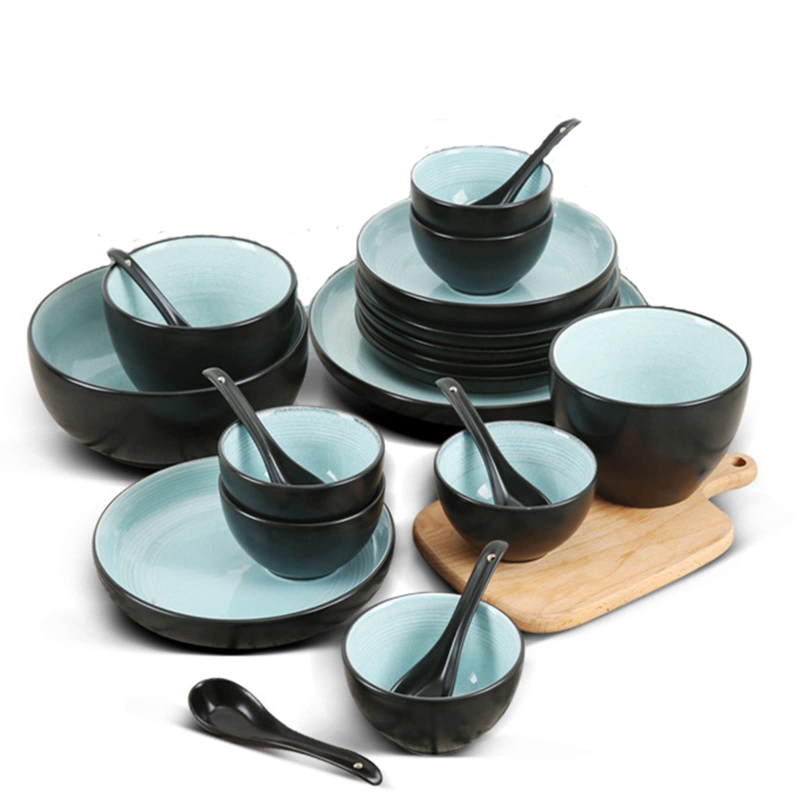 Geschirrset 18-teilig, Steingut-Geschirr, Tafelservice für 4 Personen, Geschirrset im Vintage-Look, splitterfestes Geschirrset mit Essteller, Dessertteller, Schleife