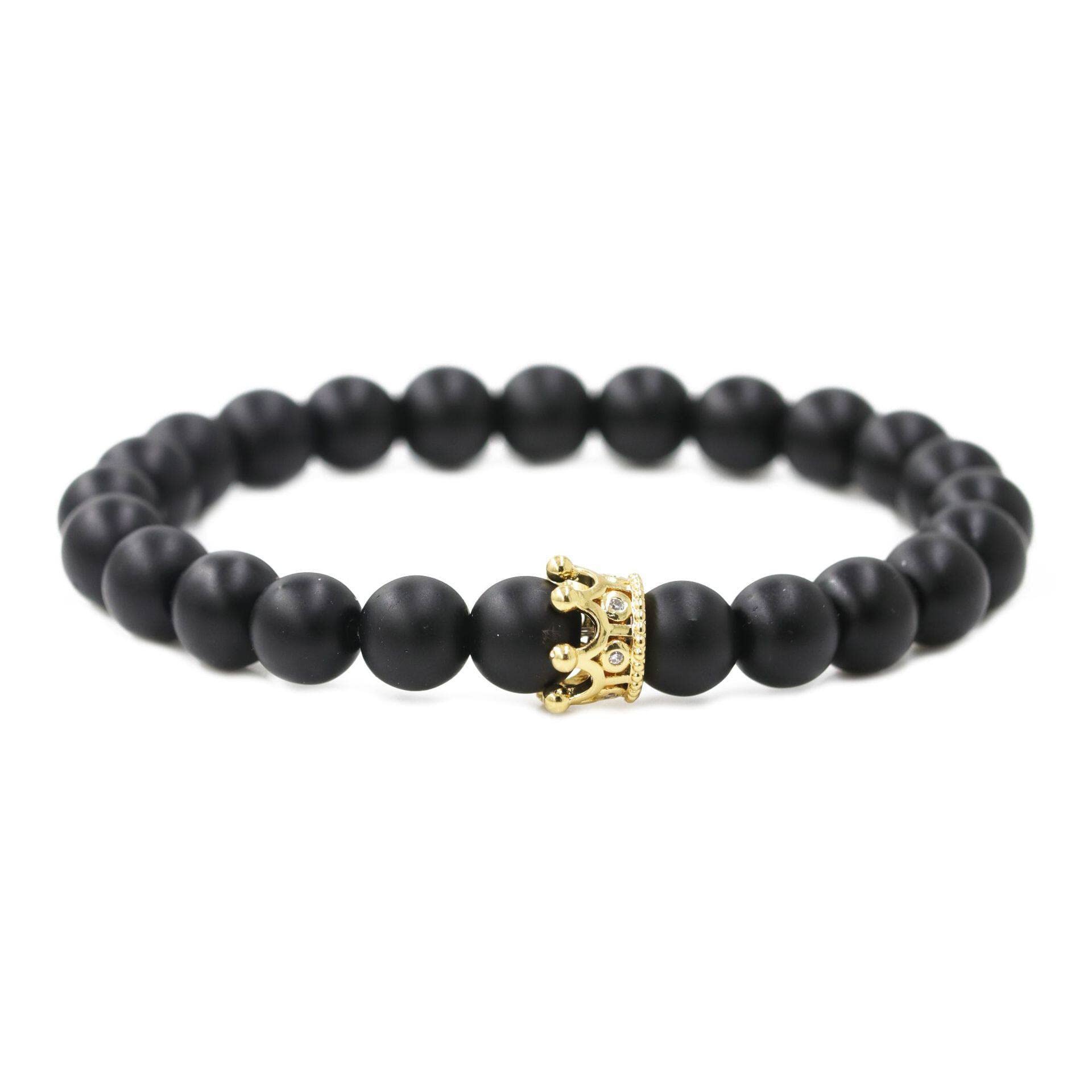 Trendy Black Natural Stone Beaded Bracelet King Queen Crown Men Women Energy Bracelets Chain Rope Hand Jewelry Couple Yoga Gift Practical
