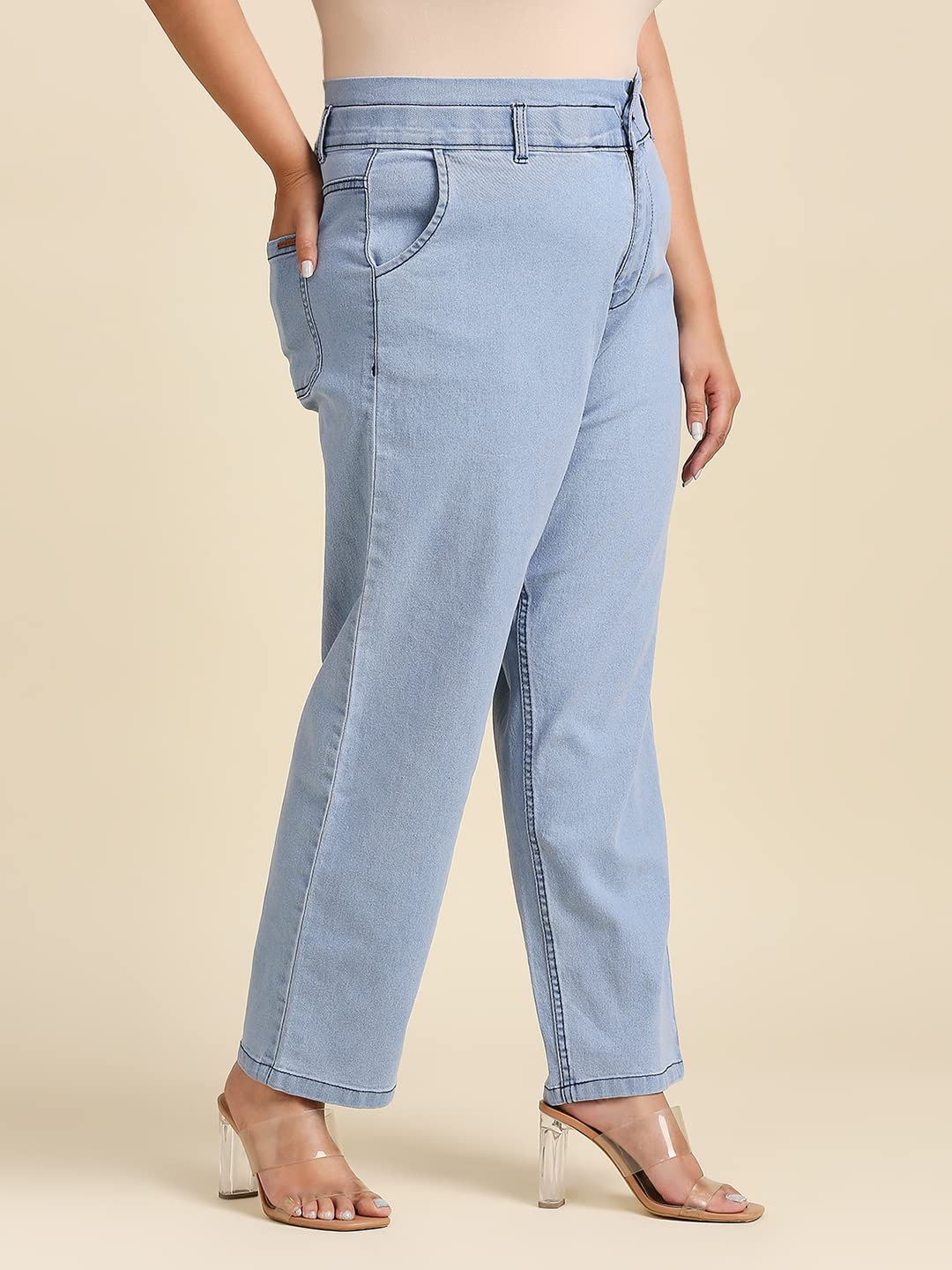 HIGH Star Women Plus Size Blue Stretchable Mom Fit Jeans, NIEBIESKI, 38
