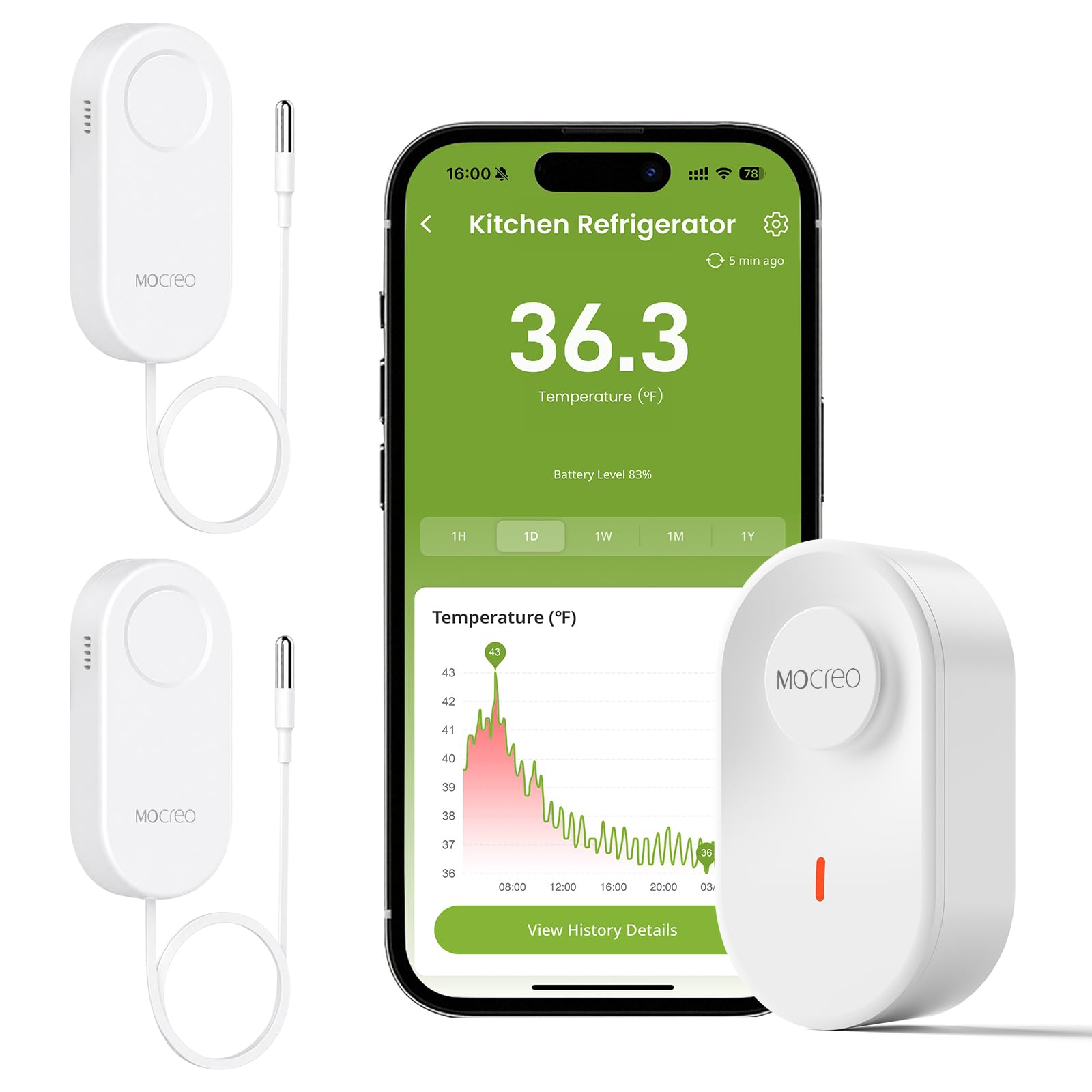MOCREO Termometro WiFi allarme congelatore, avviso e-mail, notifica app, esportazione record dati, senza costi di abbonamento, sensore di temperatura wireless remoto per frigorifero, congelatore,