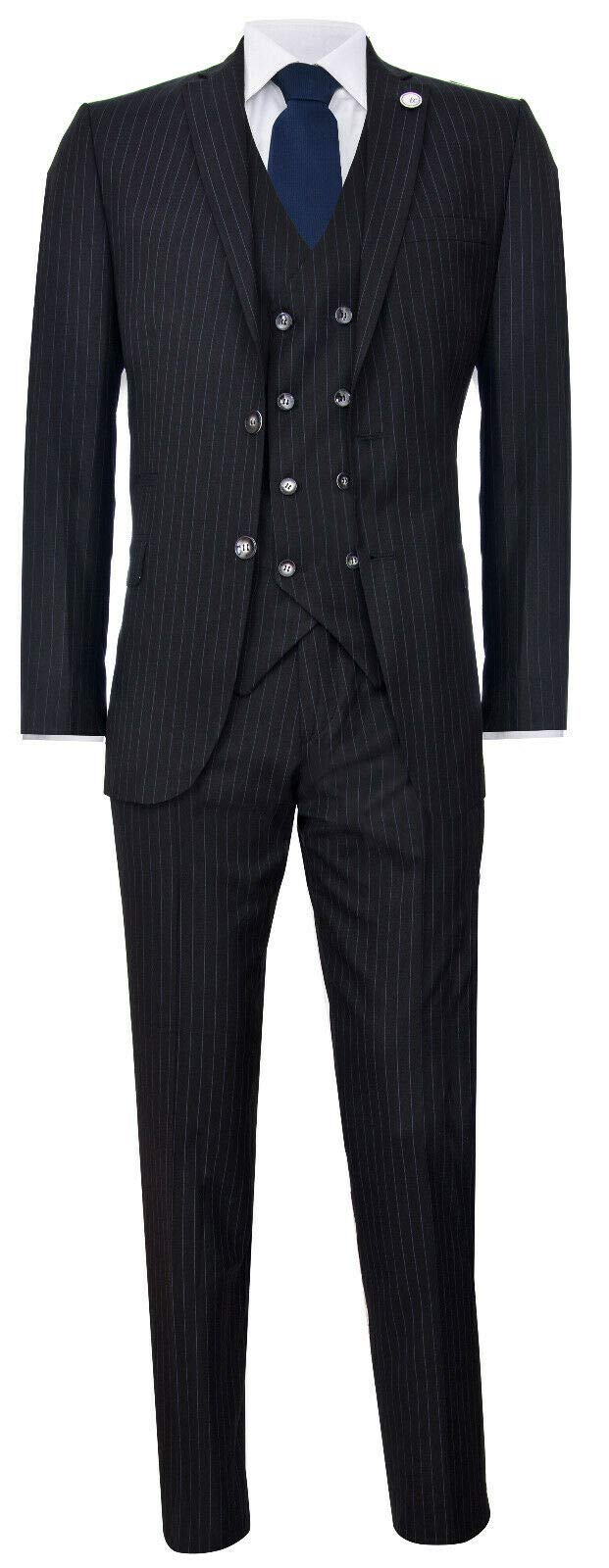 Truclothing Men's Black 3 Piece Pinstripe Retro Suit - 40" Jacket 34" Trousers