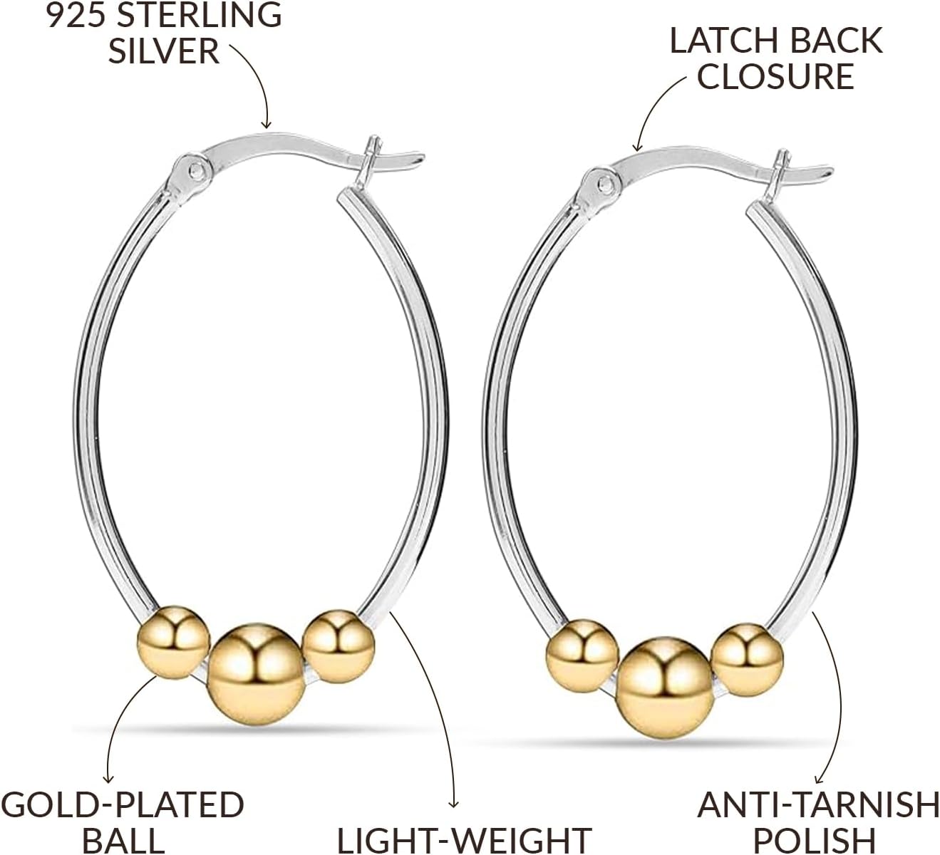 LeCalla 925 Sterling Silver Hoop Earrings for Women | Lightweight Two-Tone & Gold-Plated Hoops Earring Jewelry | Bead Ball & Evil Eye Click-Top Round & Oval Hoop Earrings Jewelry Gifts - Image 3