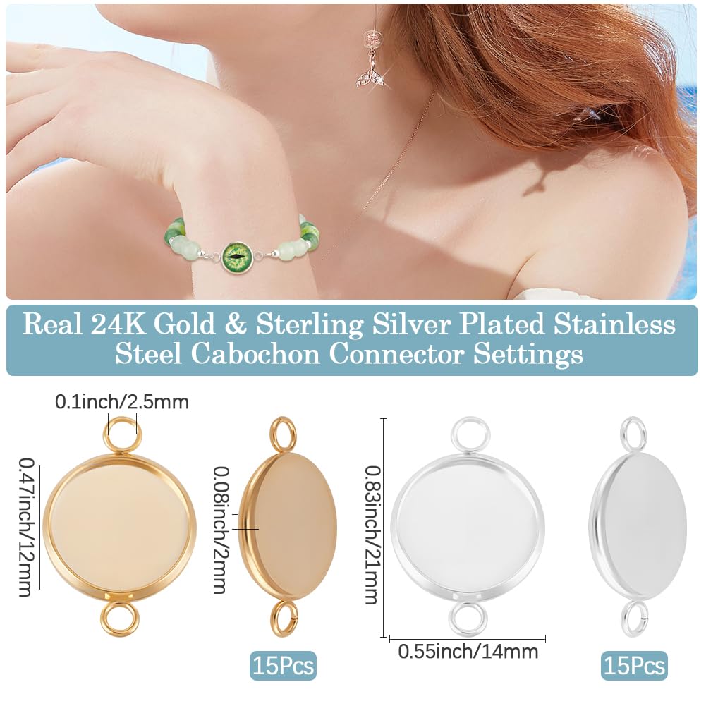 Beebeecraft 30Pcs 2 Colors 12mm Cabochon Connector Settings Gold 24K Gold & Sterling Silver Plated Stainless Steel Flat Round Blank Bezel Pendant Trays Link Charms for Diy Jewellery Making - Image 2