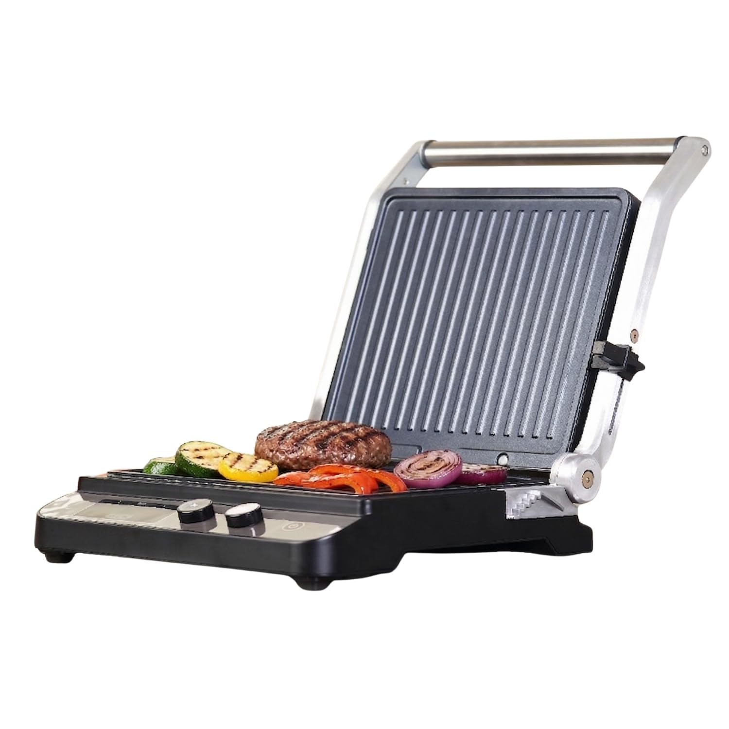 BLACK+DECKER Griglia elettrica 2000W 2 in 1 piastre lisce e grill antiaderente apertura 180° display LCD