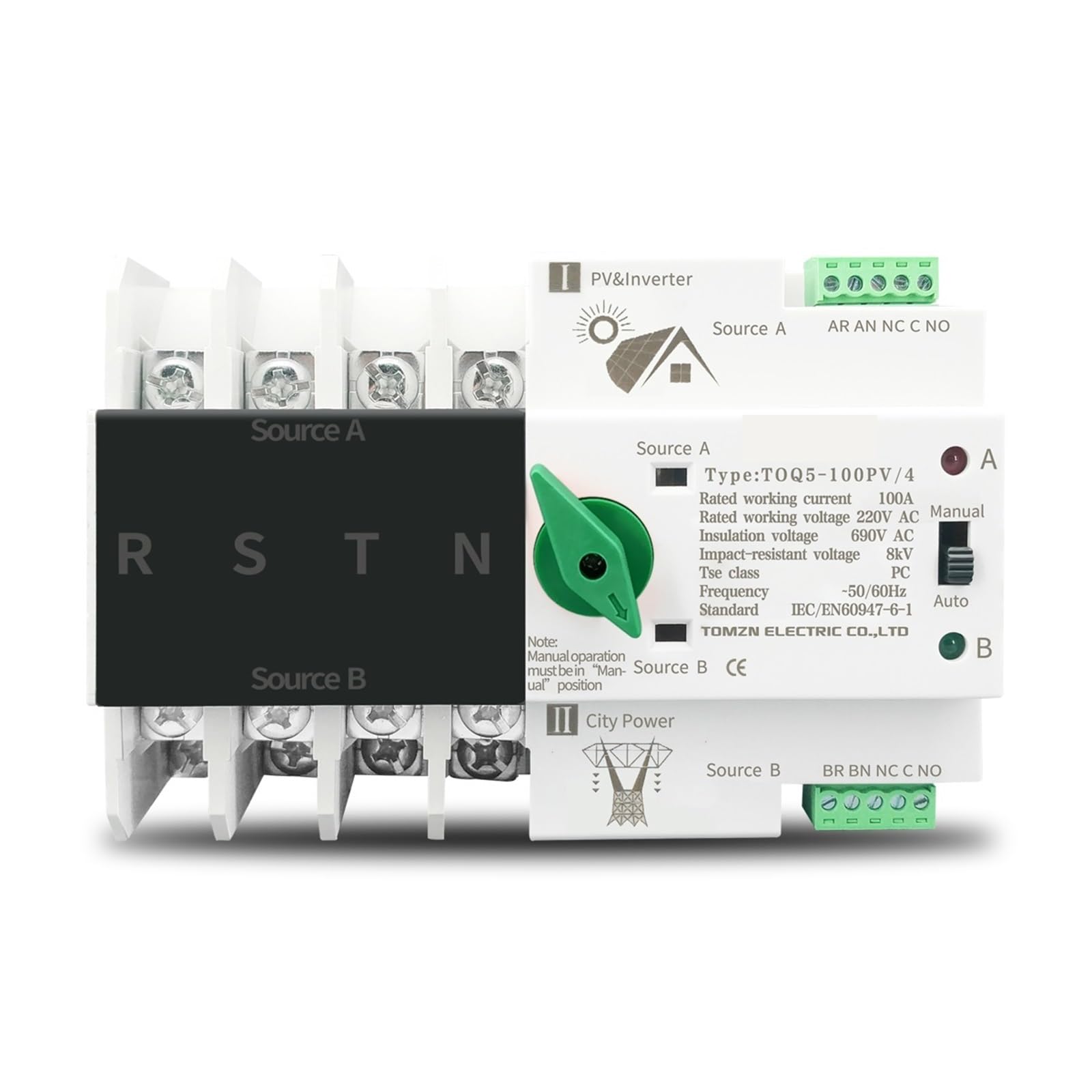 1 pz 2P 3P 4P Din Rail ATS for fotovoltaico e inverter Interruttori selettori di trasferimento automatico a doppia alimentazione Interruttore automatico ininterrotto(3P,100A)