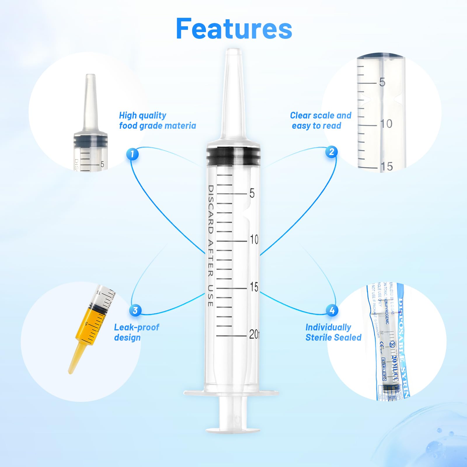Jeringa de plástico de 20 ml con tapa, jeringas grandes sin aguja para líquidos, laboratorios científicos, medición, alimentación de mascotas, relleno de tinta, aplicador de aceite o pegamento,
