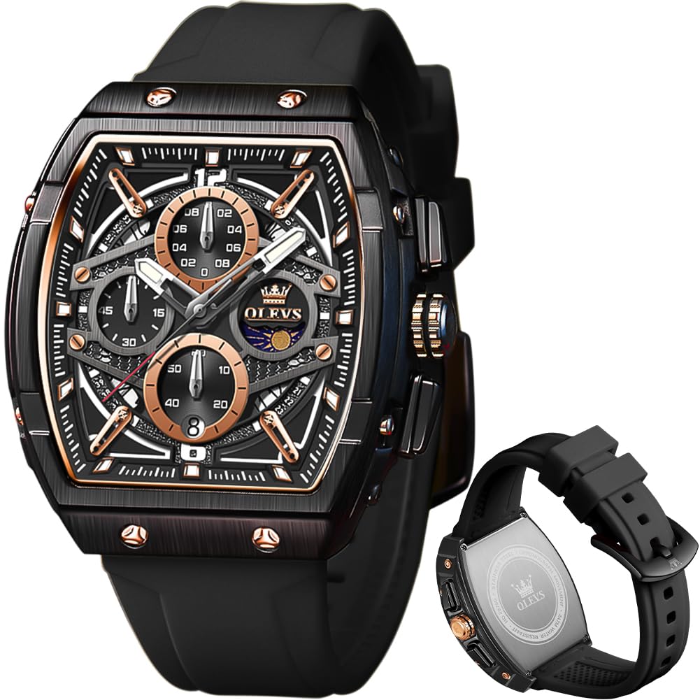 OLEVS Men Watches Business Dress Chronograph Big Square Quartz Analog Male Watch Silicone Strap Waterproof Date Gift Mens