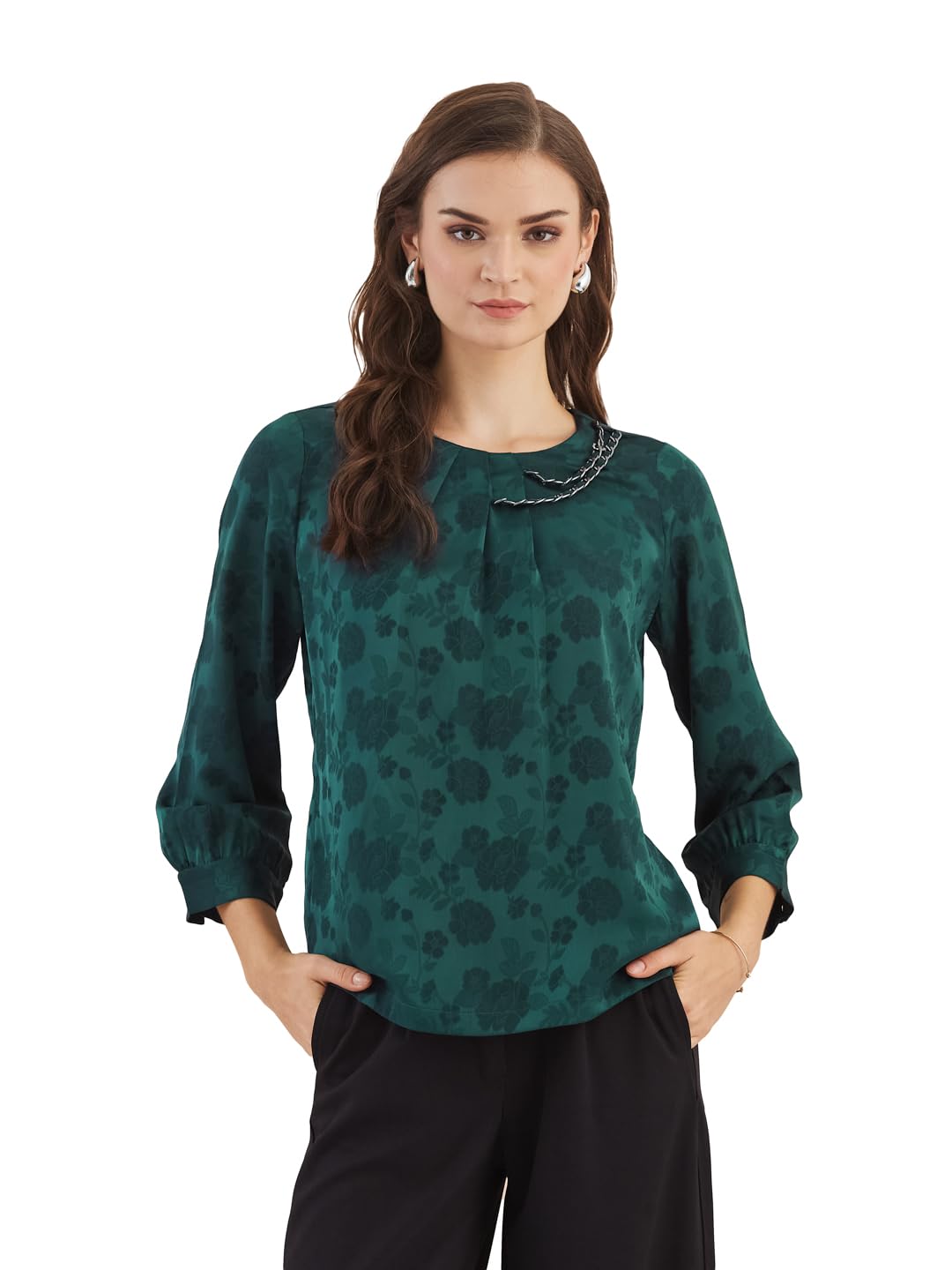 latin quarters Women Green 3/4Th Sleeves Round Neck Solid Top for Casual-picture-44