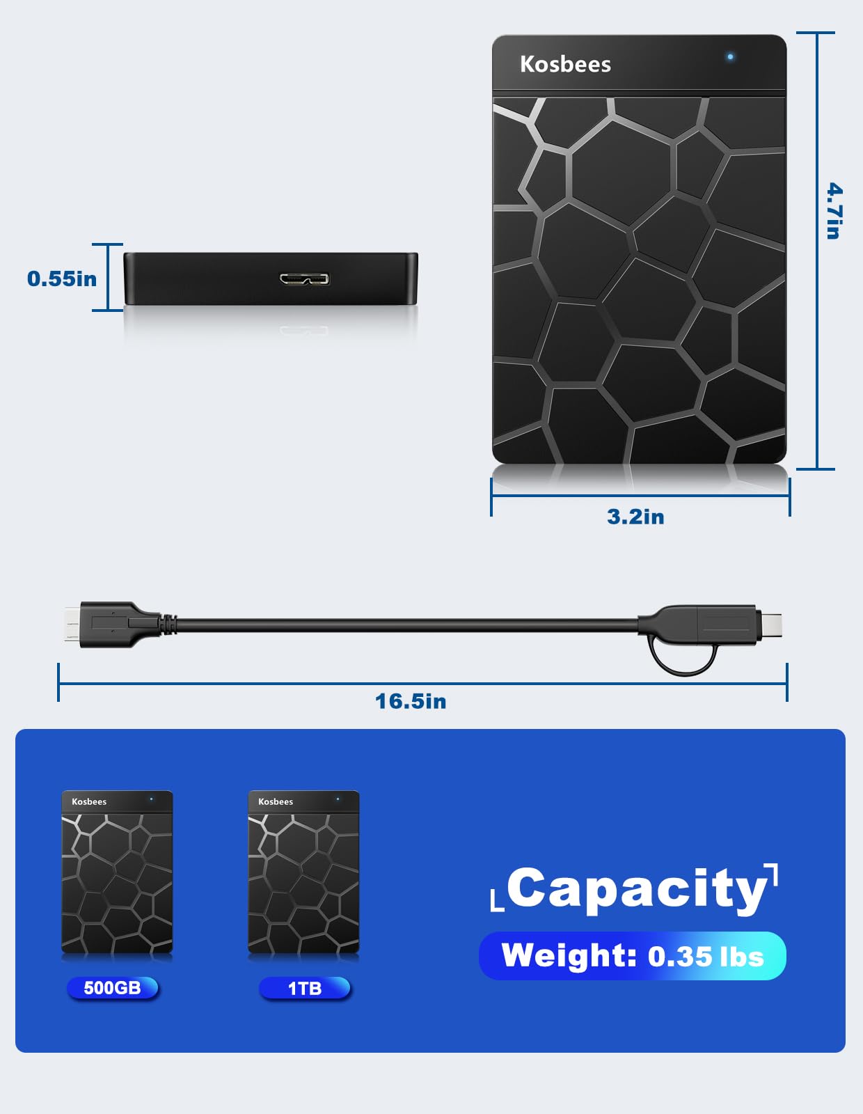 Hard disk esterno da 500 GB, hard disk portatile per Windows, ultra sottile, compatibile con PC, Mac, laptop, PS4, Xbox one, Xbox 360; pronto all'uso