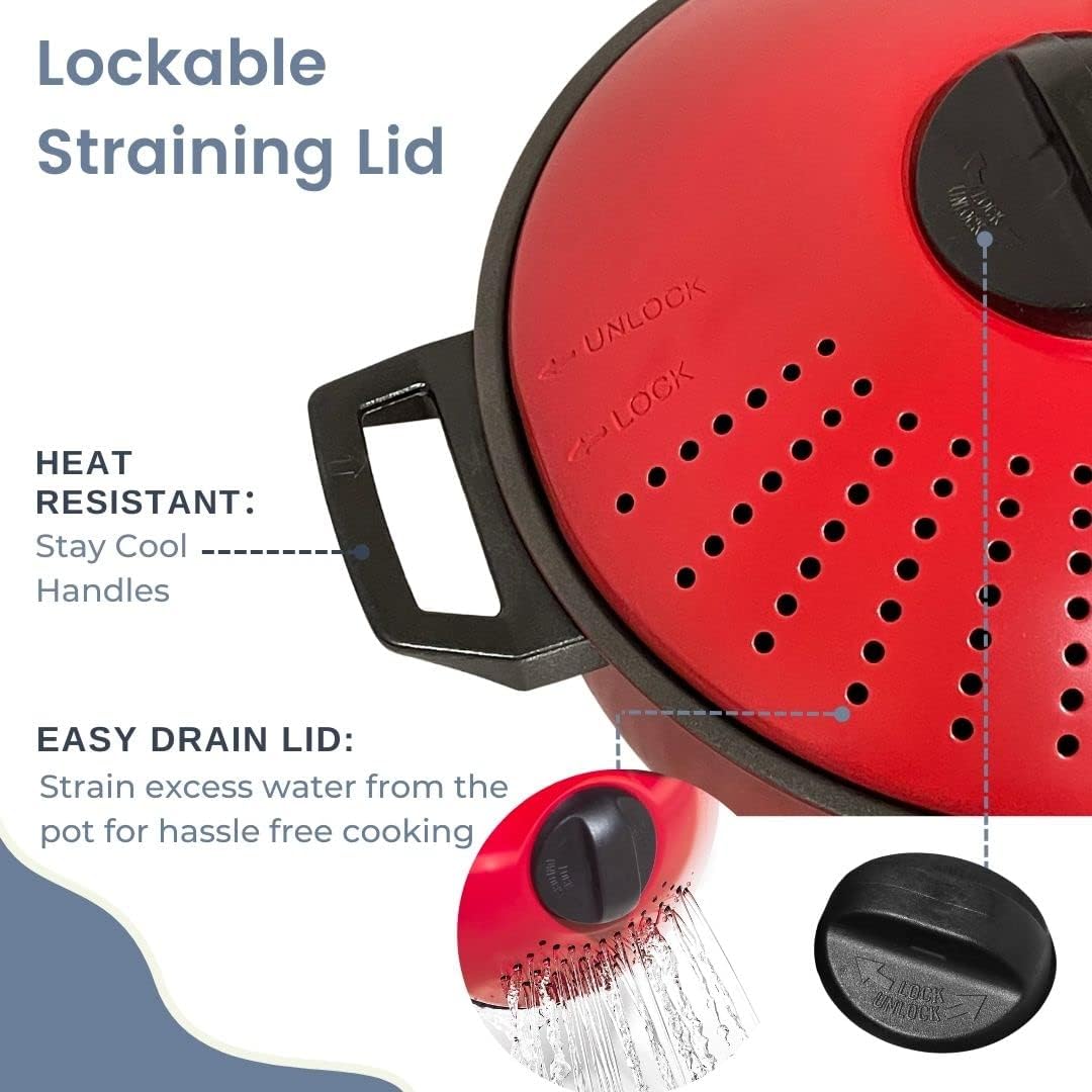 Imperial Home 4 Pc Pasta Pot with Locking Strainer Lid, Kitchen Set, Cooking Pot with Handle & Pasta Strainer, Nonstick Cookware, Red Stock Pot or Pasta Cooker Set, 2 Qt & 6 Qt, Red Color