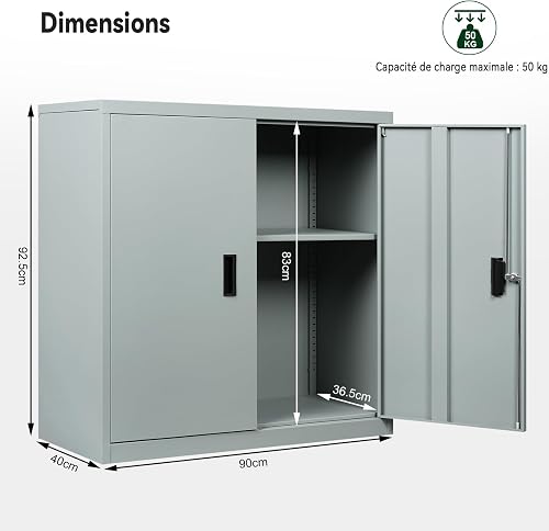 WOLTU Lockable Storage Cabinet, Grey, W90 x H92 x D40 cm - 9