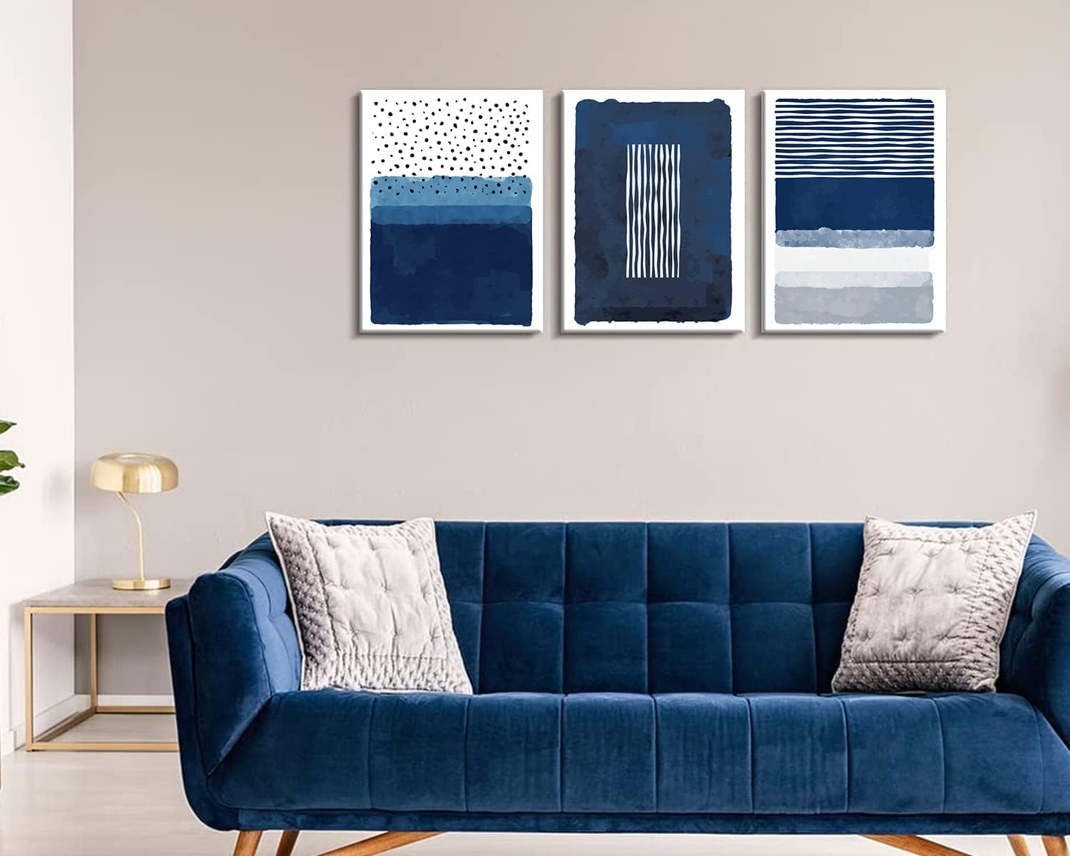 Creoate Blue Canavs Wall Art for Living Room Decor 3 Pieces Abstract Blue and White Painting Canvas Print Framed Artwork Set for Bedroom Decor Navy Blue Canvas Wall Decor, Ready to Hang, 12x16 Inch