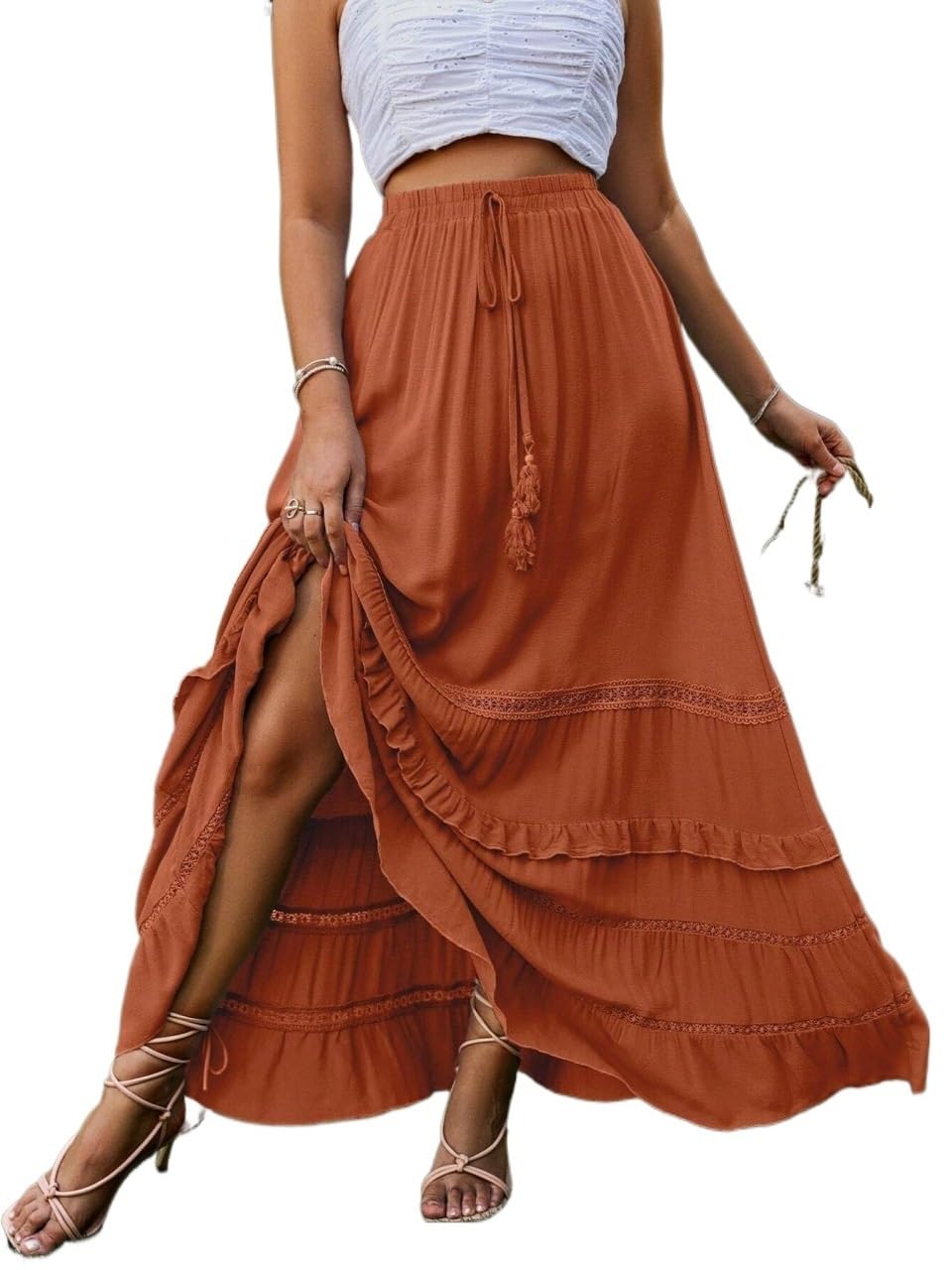 Womens Casual Wedding Loose Flounce Mid Waist Long Skirt Trendy Stylish Skirts