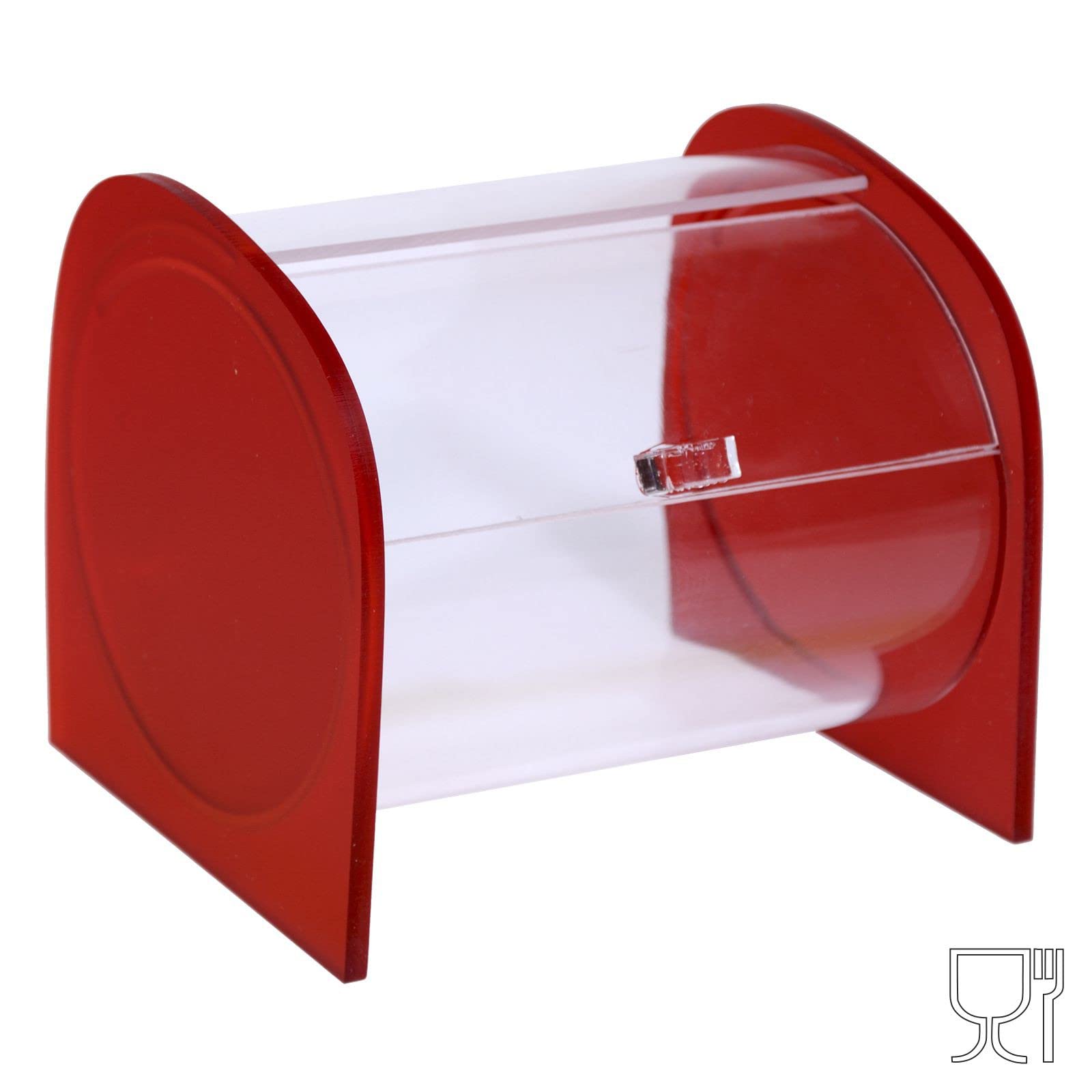 Portacaramelle confezionate sezione circolare in plexiglass trasparente e con pannelli laterali in plexiglass satinato ROSSO - Misure totali: L 15 x P 14 x H 14 cm