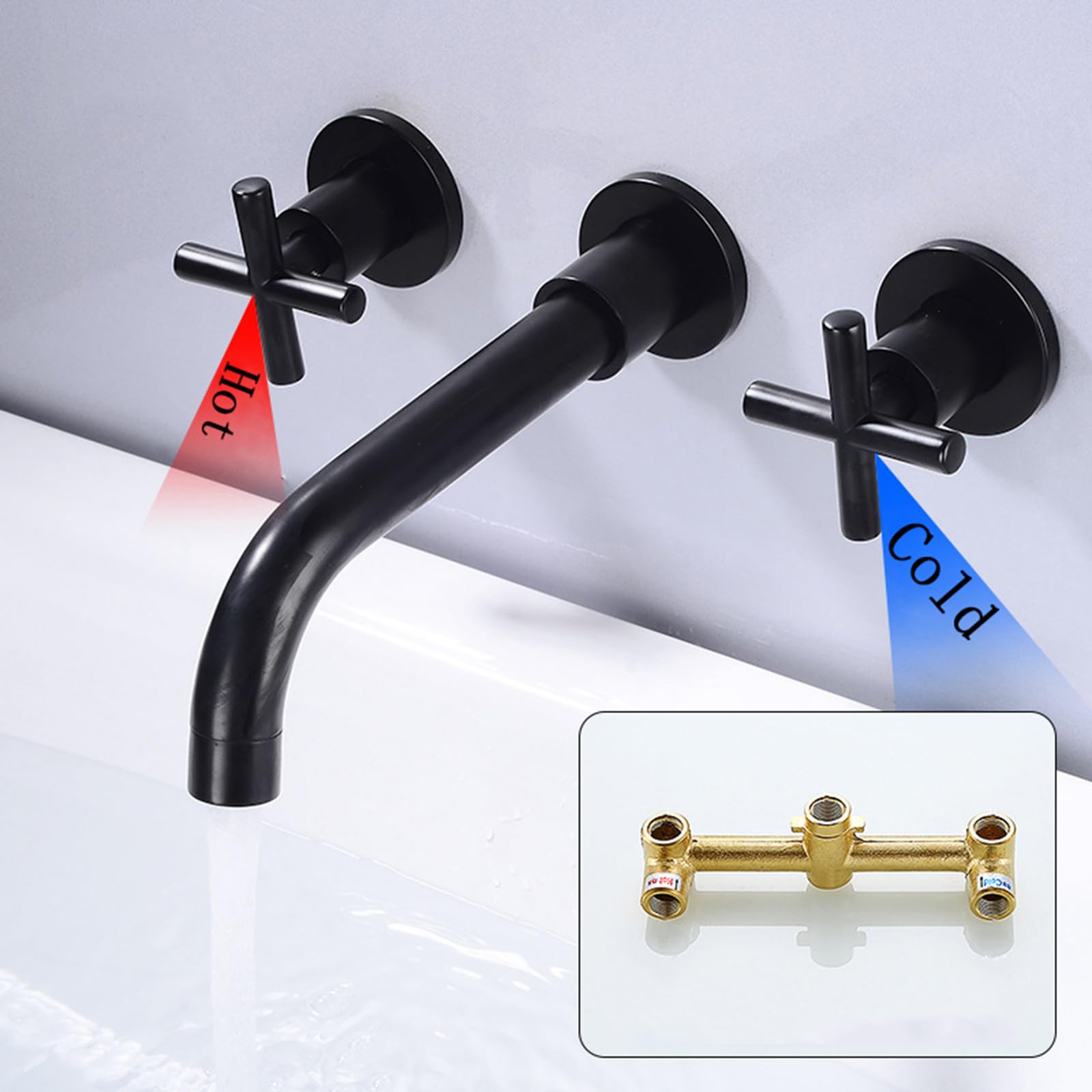 XJTNLB Rubinetti Bagno a Croce Rubinetto da Muro per Lavatoio Girevole 360° Miscelatore Lavabo Bagno in Ottone,Oro