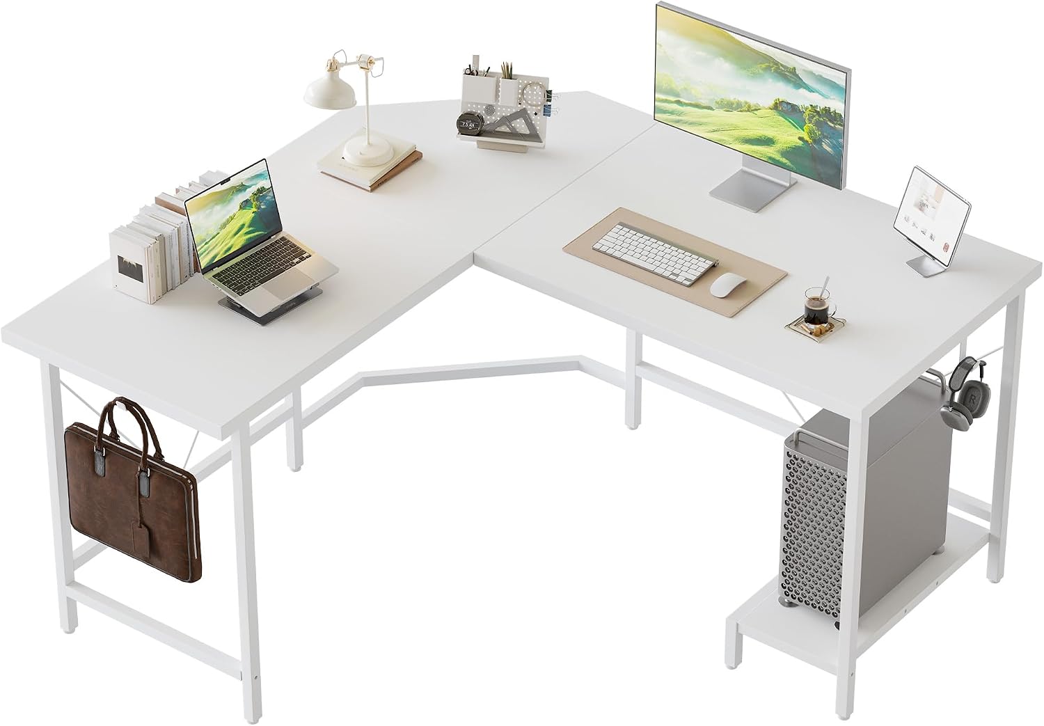 Mericonia L Shaped Desk, 120 cm Corner Gaming Desk for Home Office, Computer Desk Sturdy Writing Workstation for Small Space, Easy to Assemble, White