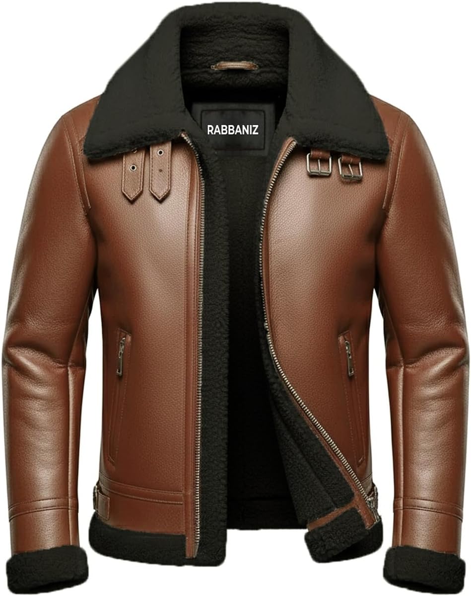 Men’s Shearling Lambskin Leather Jacket – Winter Aviator Bomber Coat with Faux Fur Collar and Warm Lining