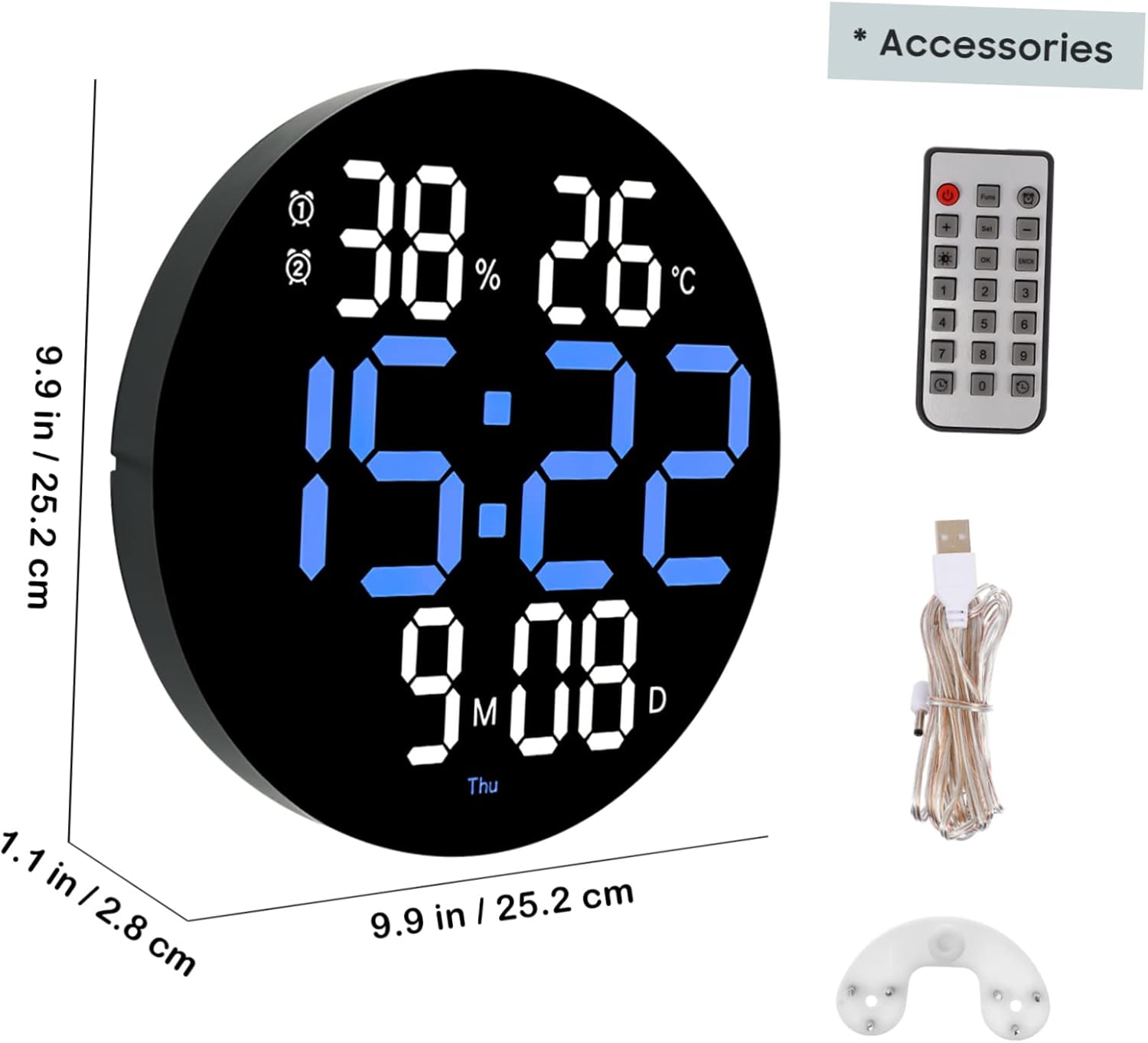 Led Digital Wall Clock with Remote Control Large Display for Temperature Humidity Date Week Brightness Dual Alarm Office Decor