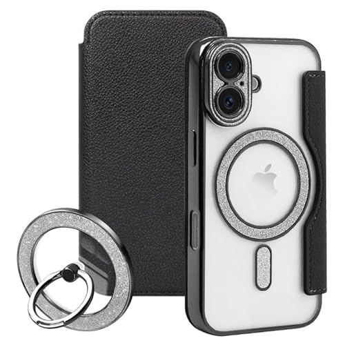 ZENIX DESIGN TECH iPhone15 用 ケース MagSafe対応 手帳型 スマホケース スマホリング セット リング付き カード収納付き スタンド キラキラ 耐衝撃 ZX-Twinkflip (ブラック)