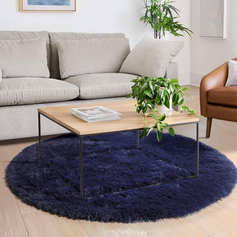Image of Round Plain Fur Rugs for Hall and Drawing Room 7x7 Feet Modern Home Decor Handwoven Extra Comfy Premium Shag Navy Blue Color